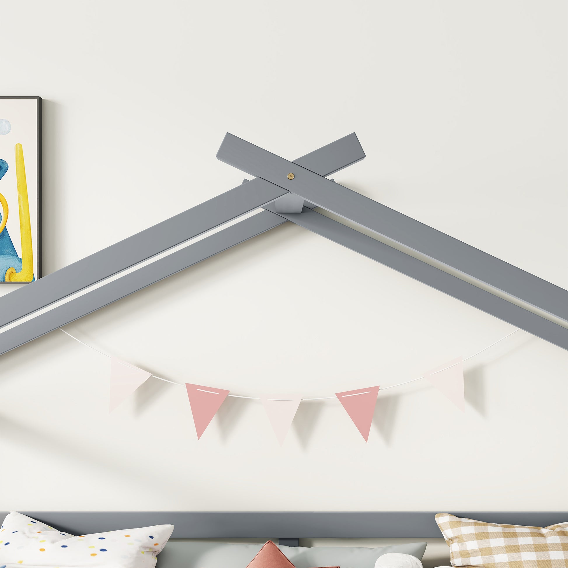 Gray wooden house bed frame with decorative garland