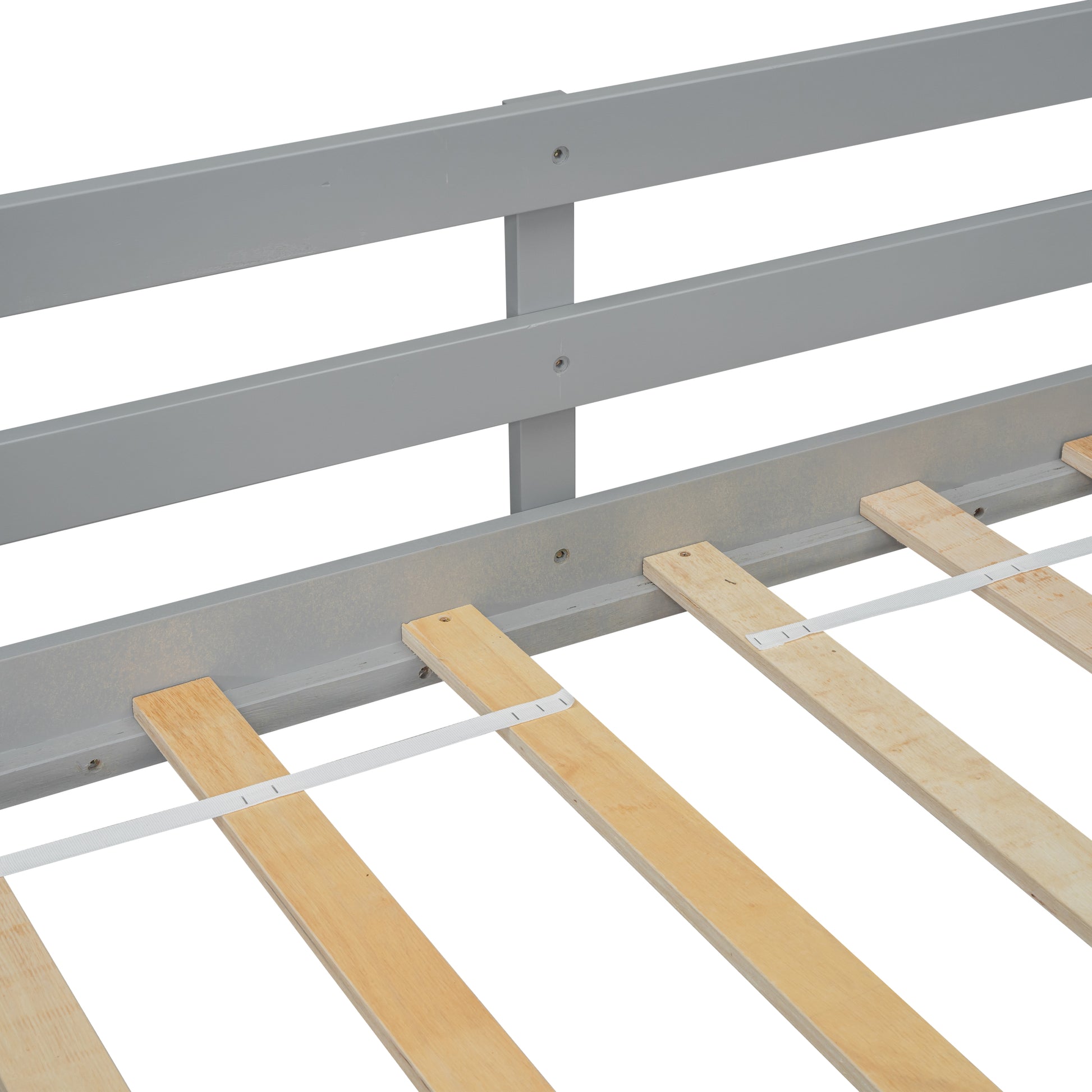 Gray wooden bed frame with visible slats and support beams
