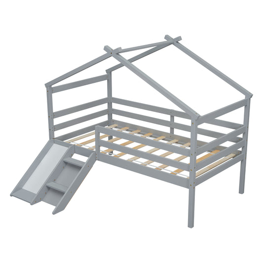 Gray wooden house bed frame with slide and stairs