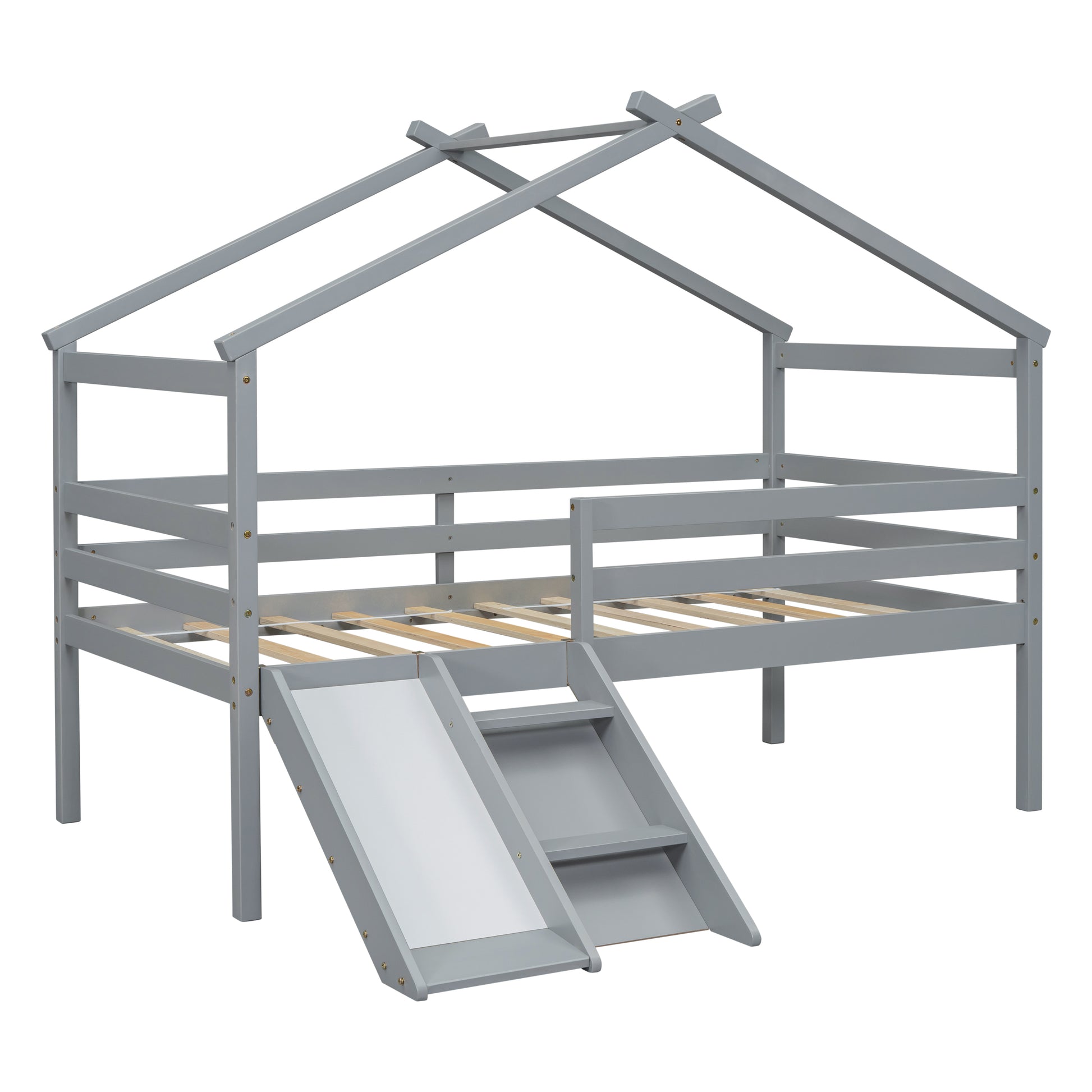 Grey wooden house loft bed with slide and stairs for kids