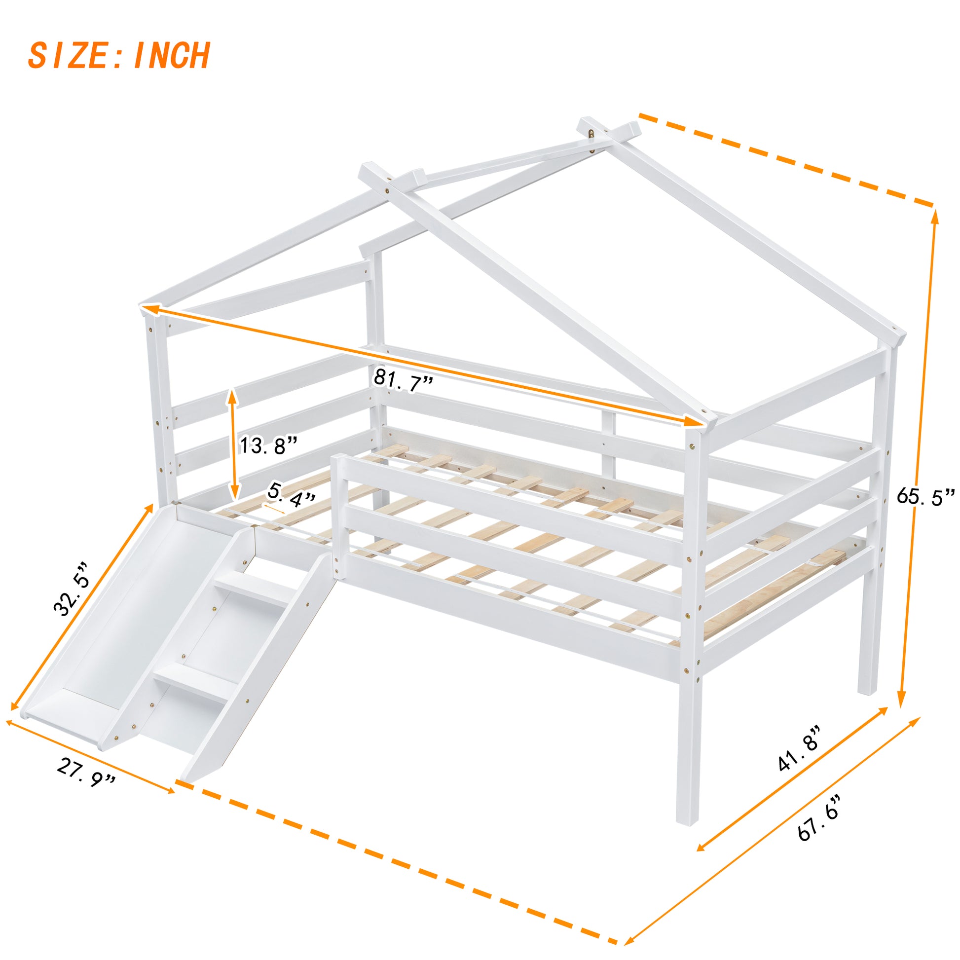 White wooden house bed frame with slide and stairs for kids