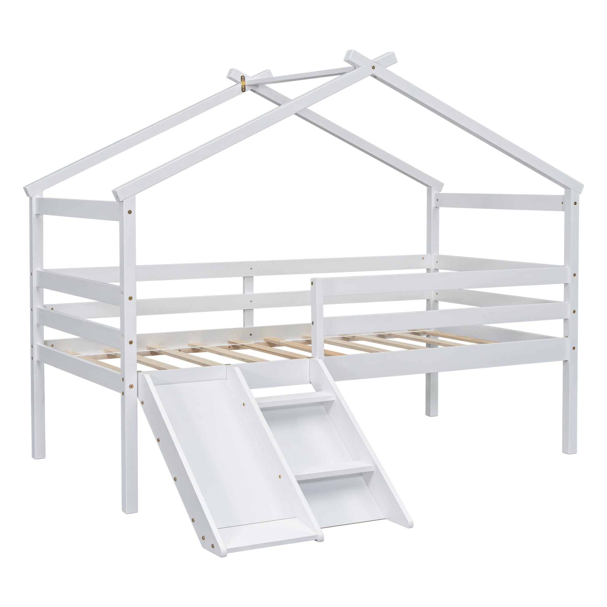White wooden house bed with slide for kids