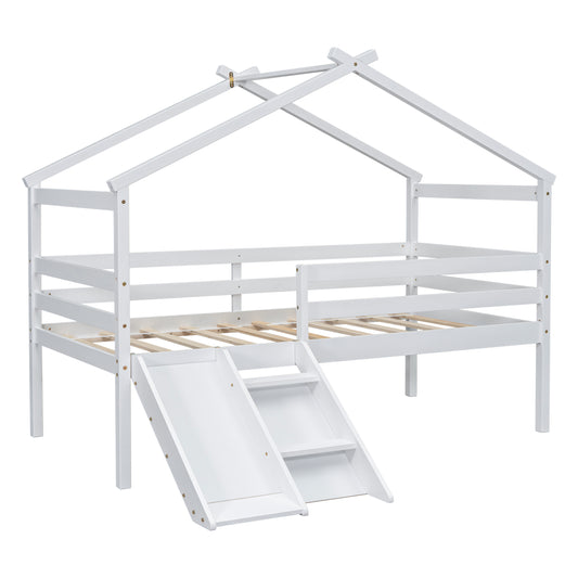 White wooden house bed with slide for kids