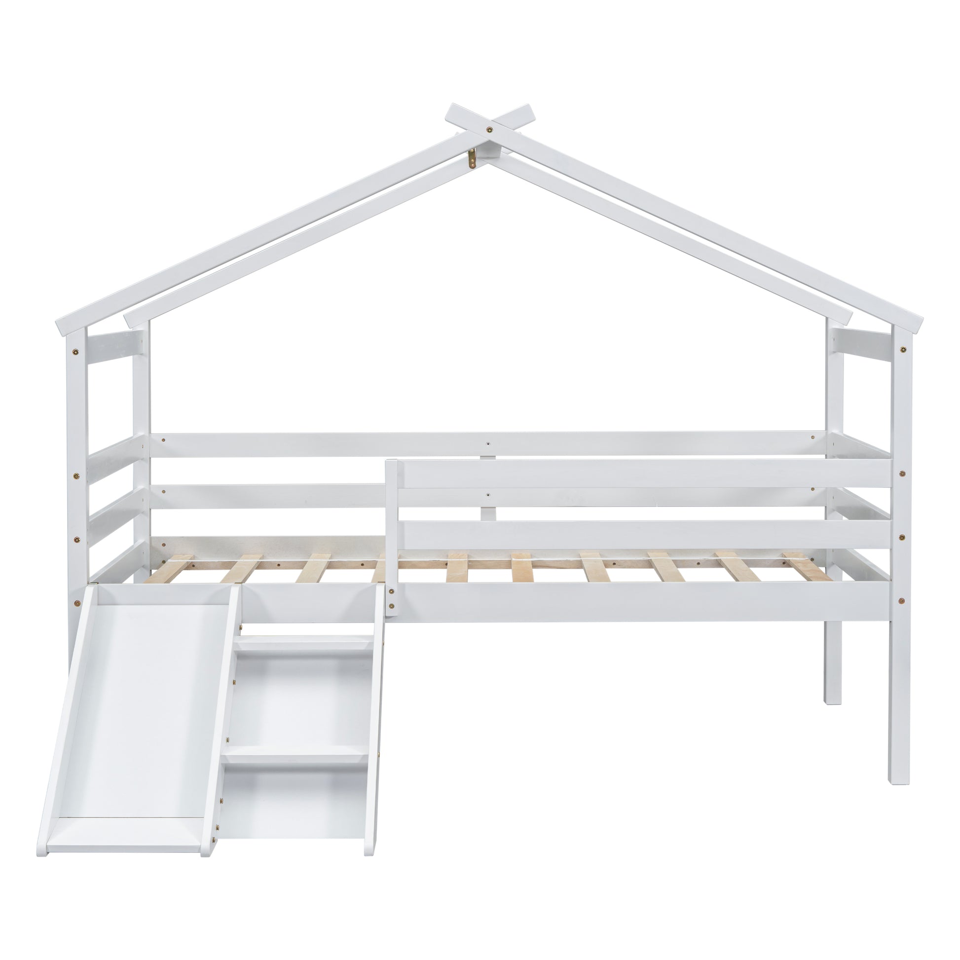White wooden house bed frame with slide and ladder