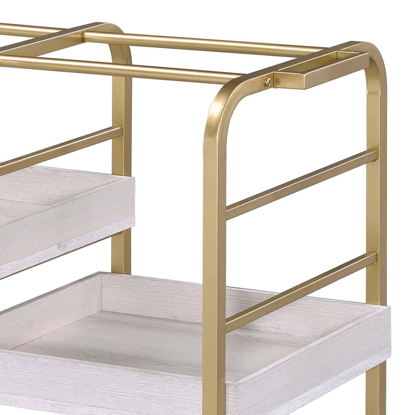 Gold metal frame bar cart with white wood shelves