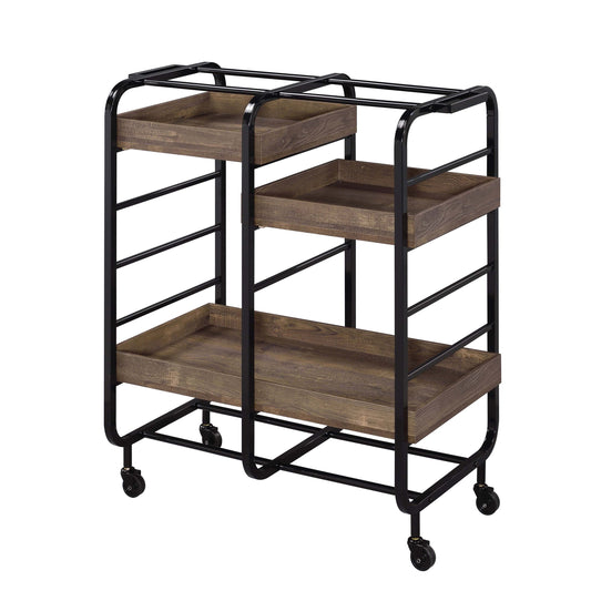 Rustic wood and black metal kitchen cart with three shelves on wheels