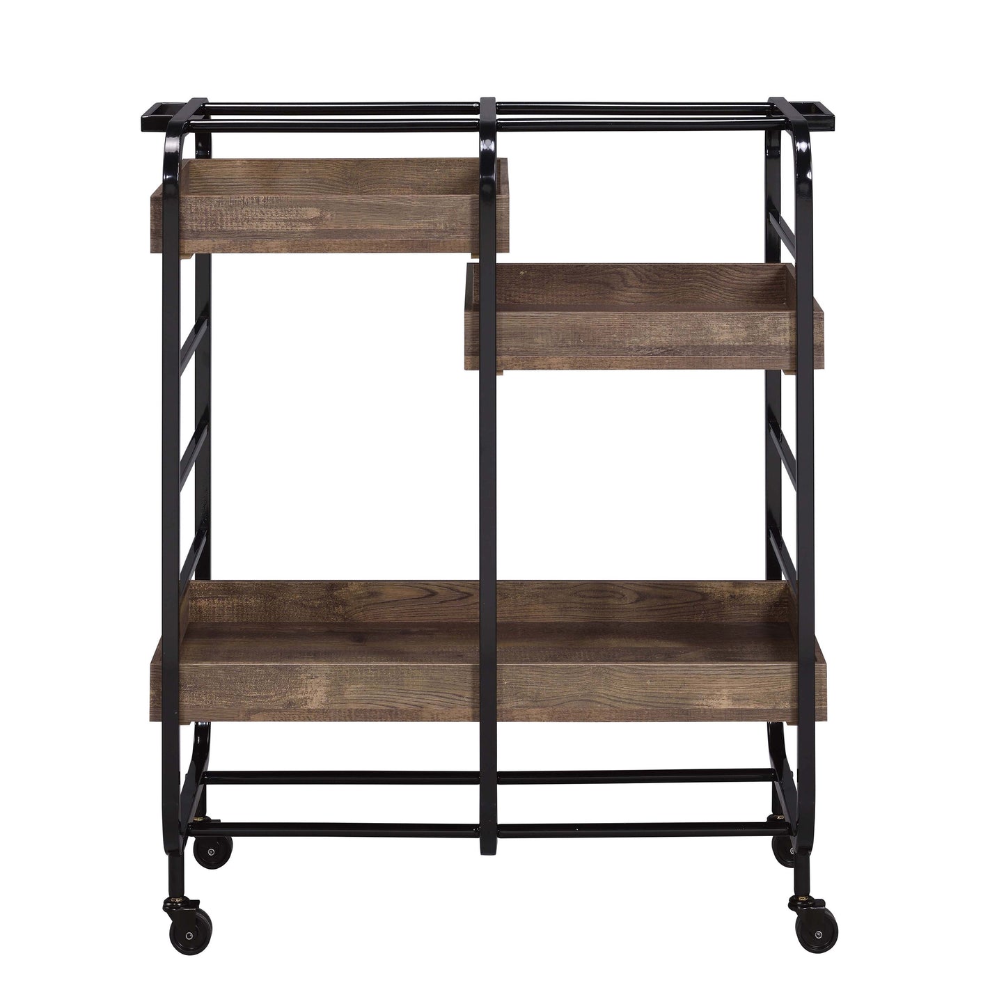 Rustic wood and black metal bar cart with three shelves and wheels