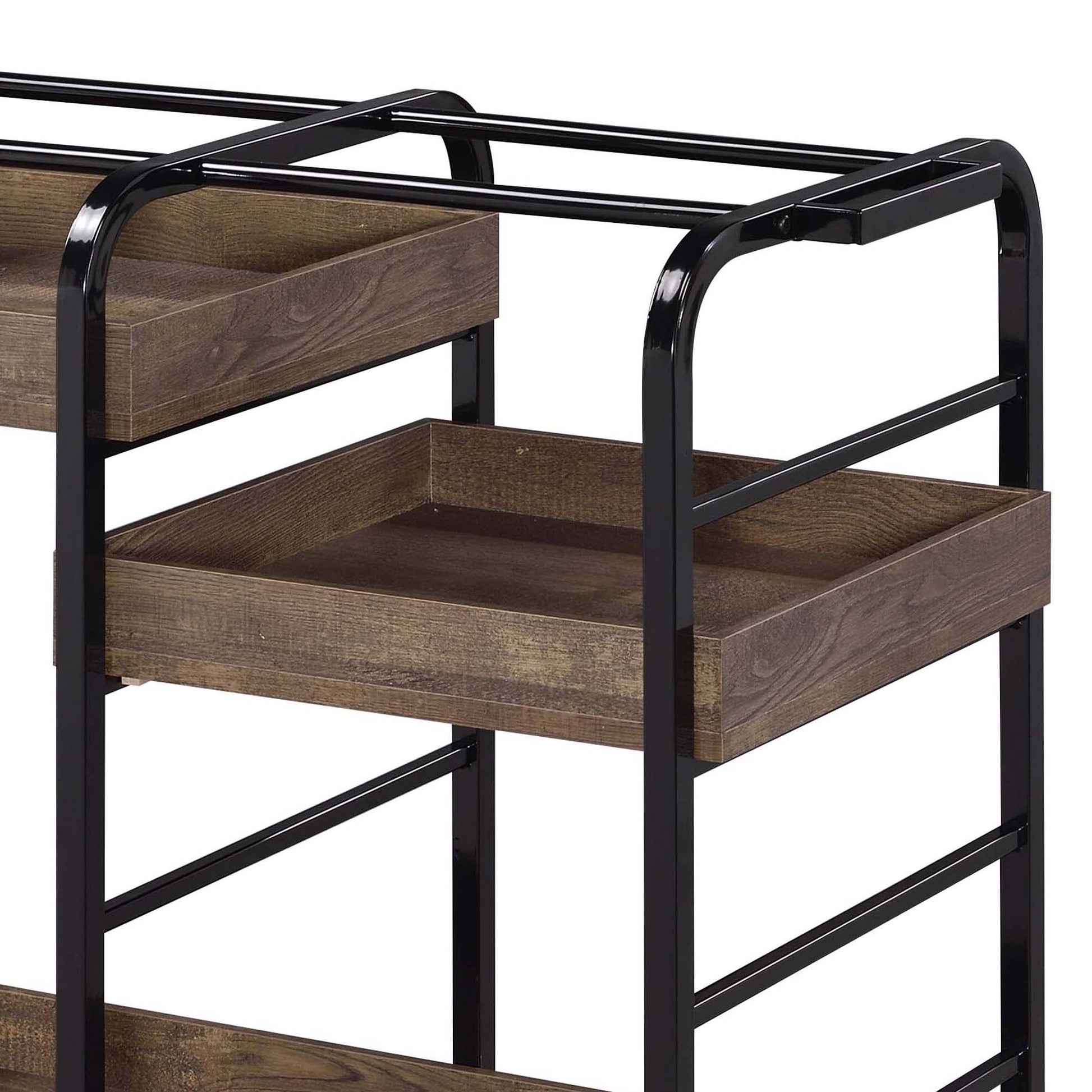 Industrial style storage cart with black metal frame and rustic wood shelves