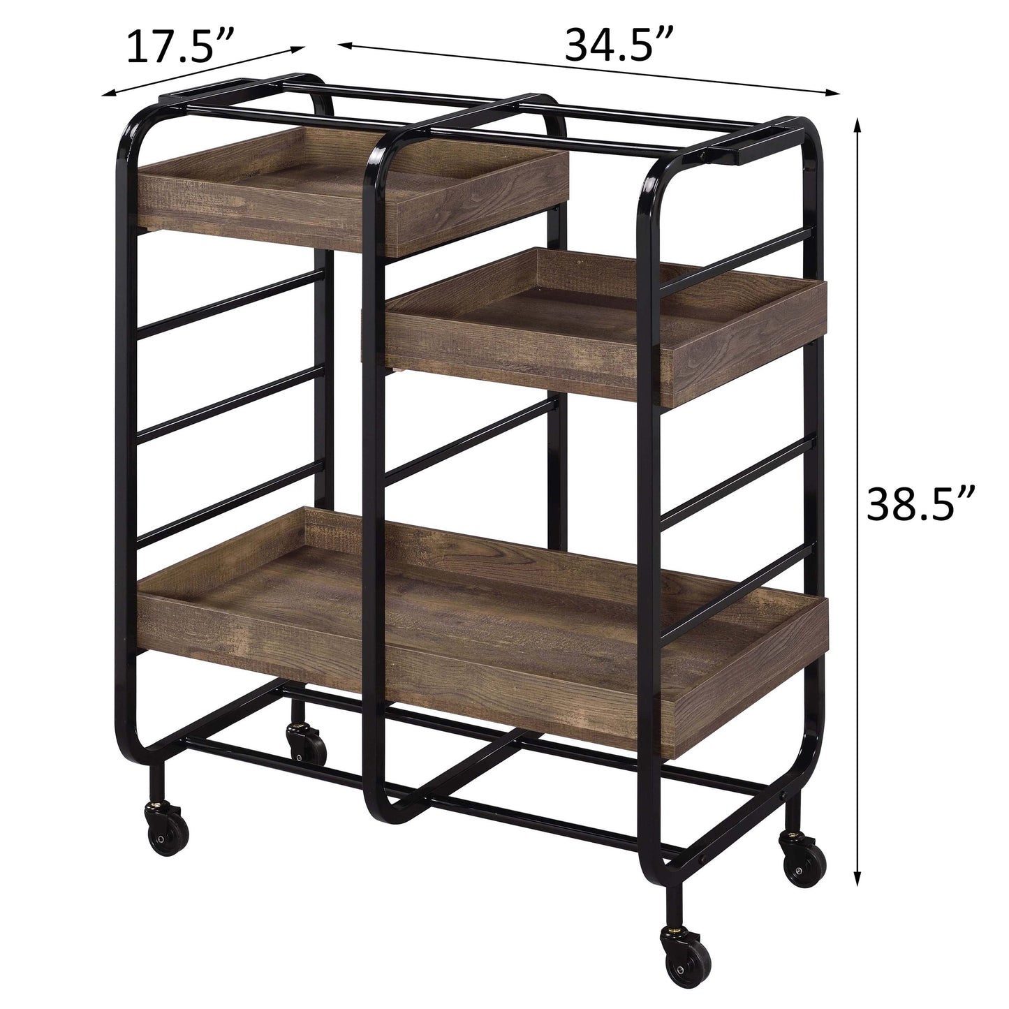 Industrialstyle bar cart with rustic wood shelves and black metal frame on wheels
