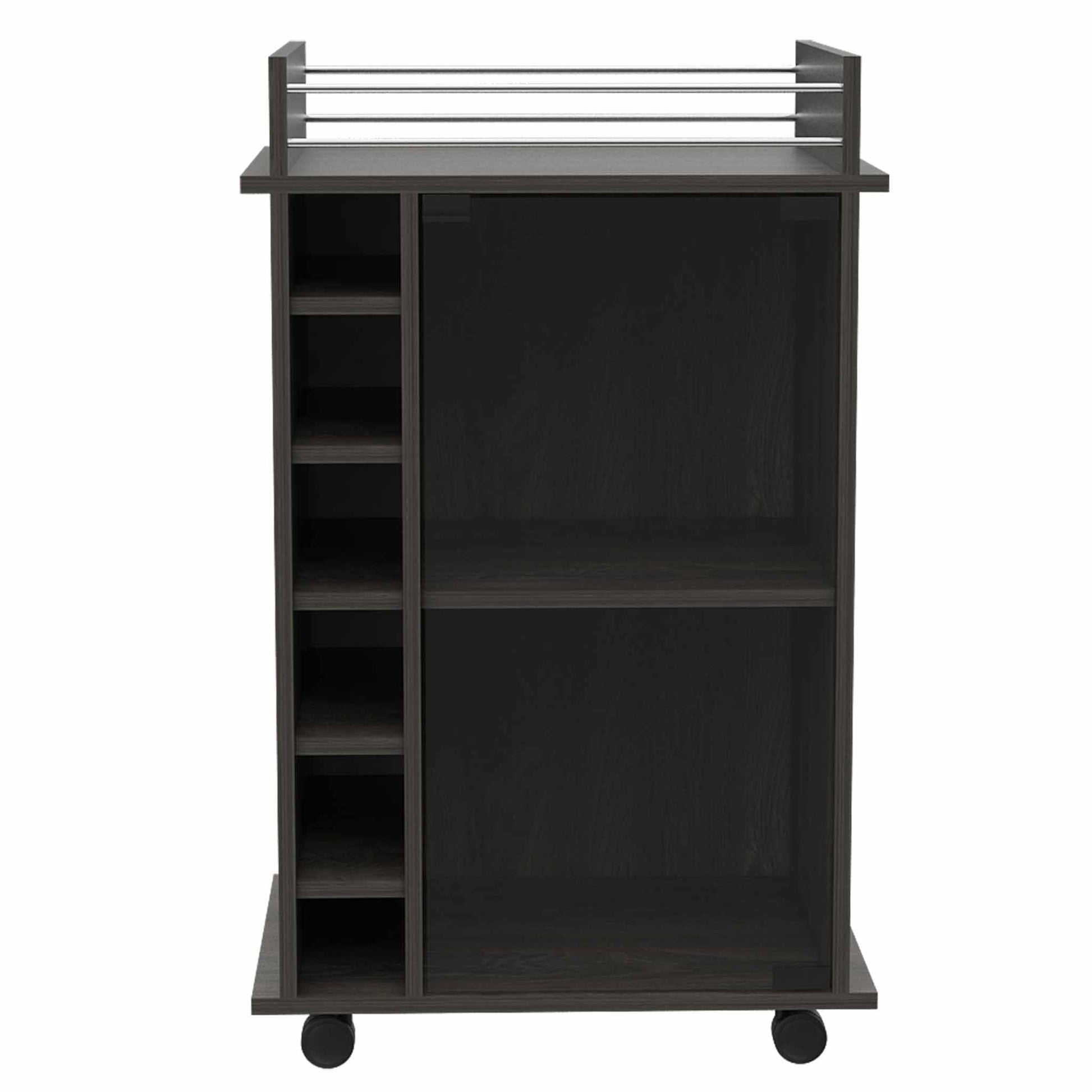 Dark wood rolling bar cart with multiple shelves and chrome towel rack
