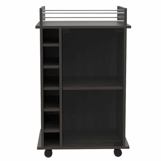 Dark wood rolling bar cart with multiple shelves and chrome towel rack