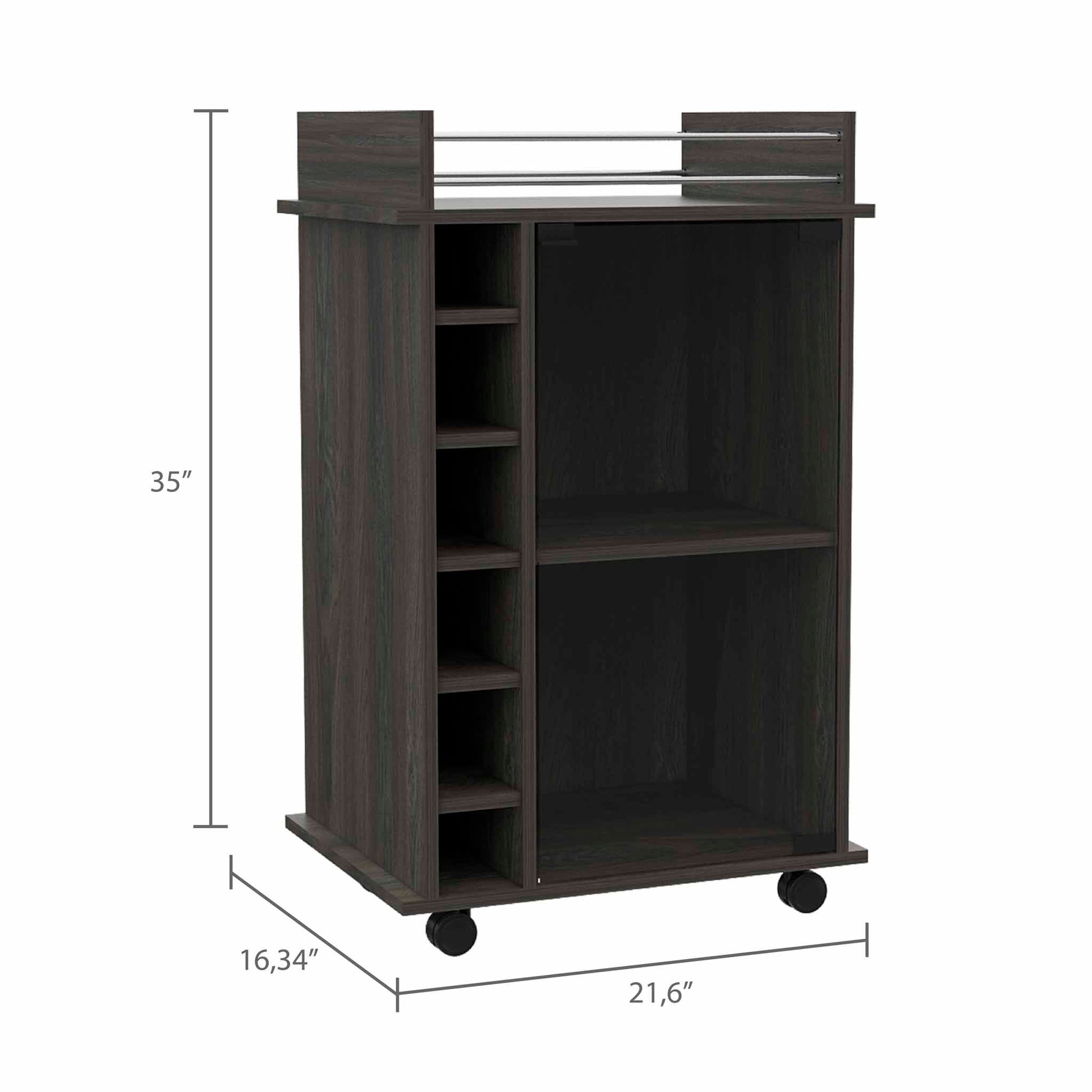 Dark wood kitchen cart with wine rack and shelves
