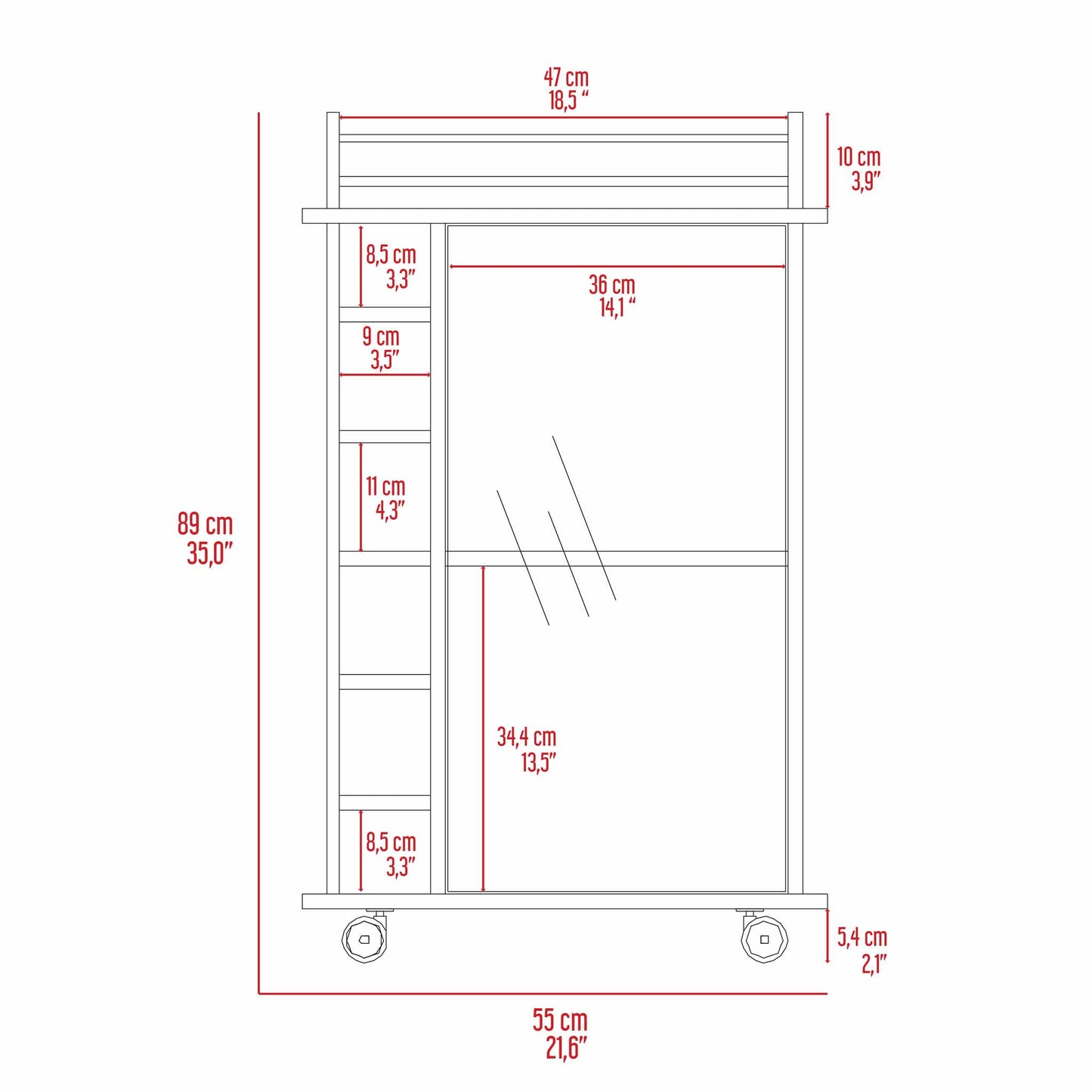 Line drawing diagram of a rolling cart with dimensions labeled