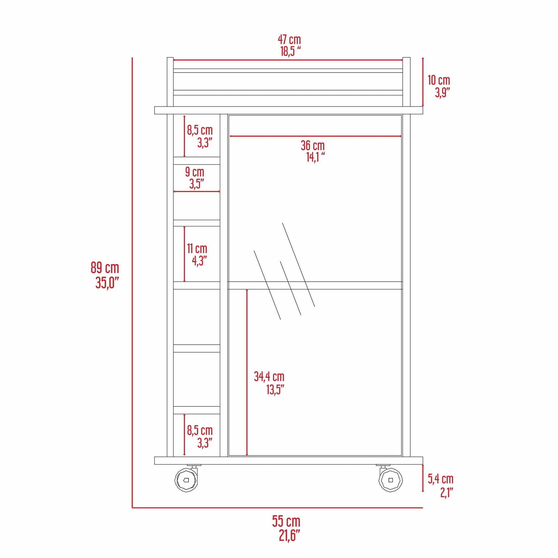 Line drawing diagram of a rolling cart with dimensions labeled