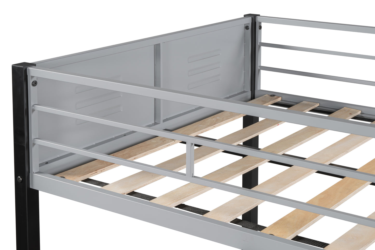 Gray metal twin bed frame with wooden slats and black corner posts