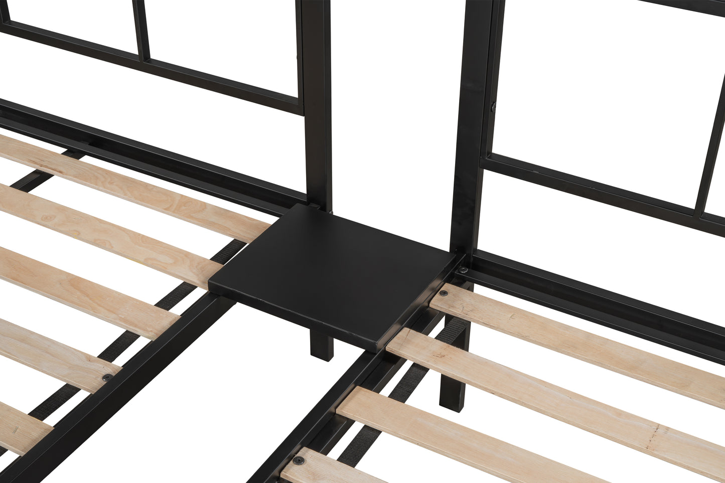 Black metal bed frame with wooden slats