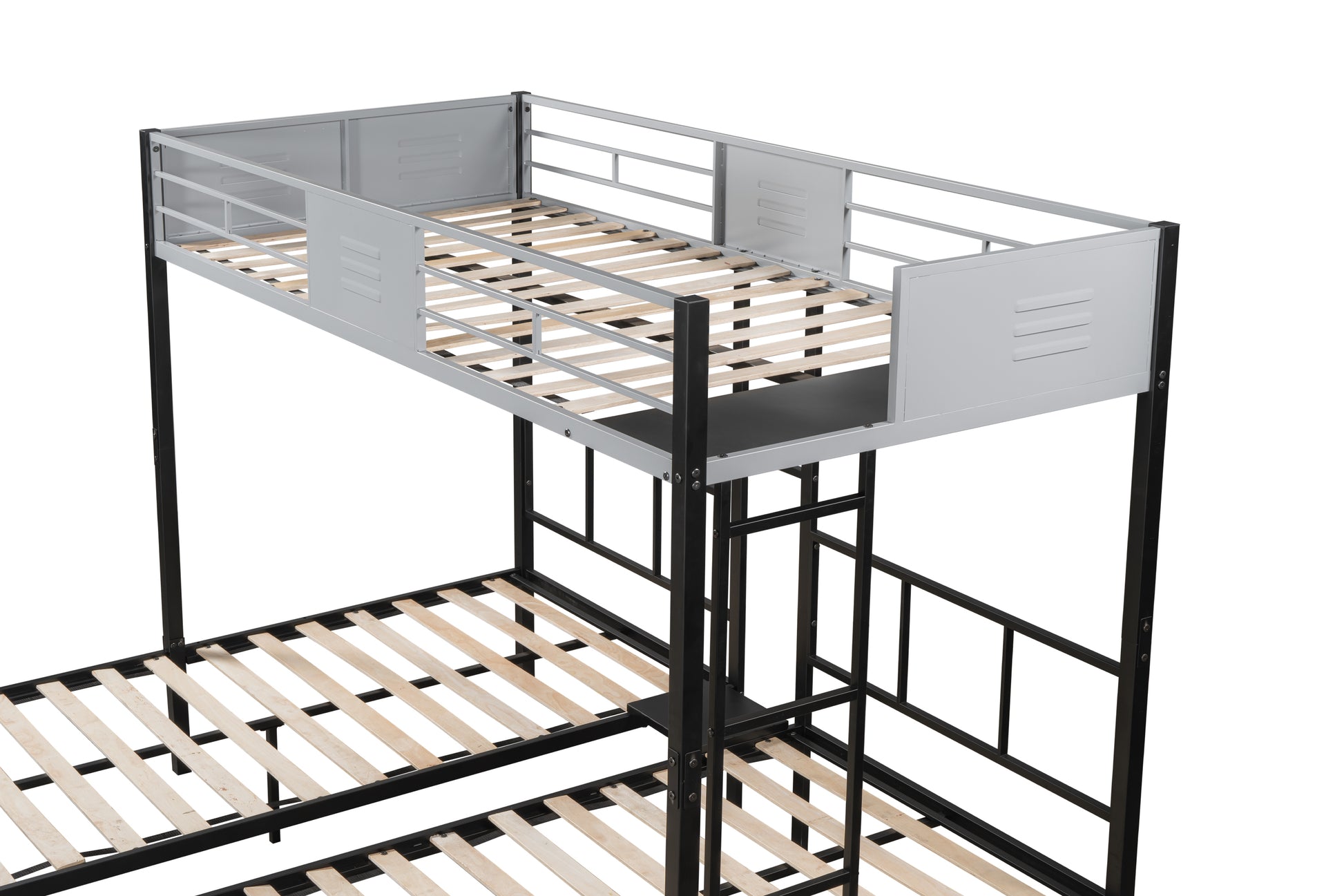 Modern twin over twin bunk bed with silver and black metal frame