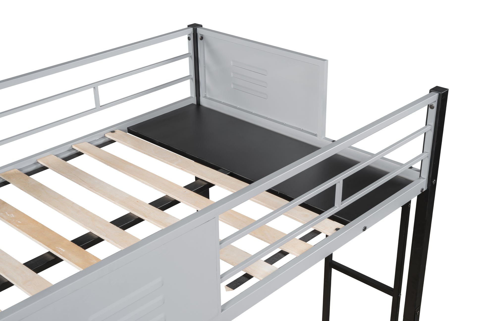 Gray metal loft bed frame with wooden slats