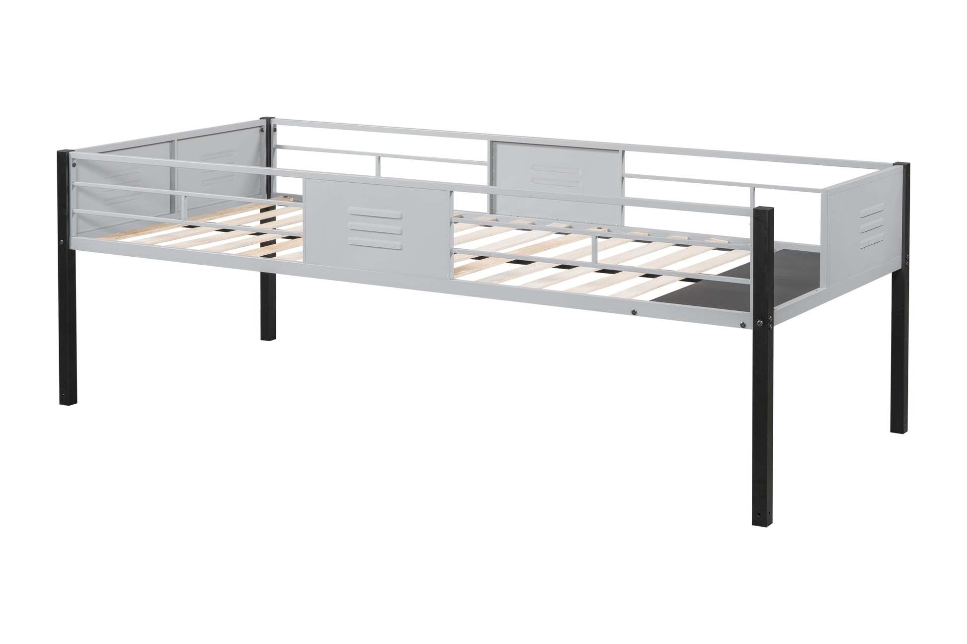 Gray metal twin bed frame with black legs and slatted base