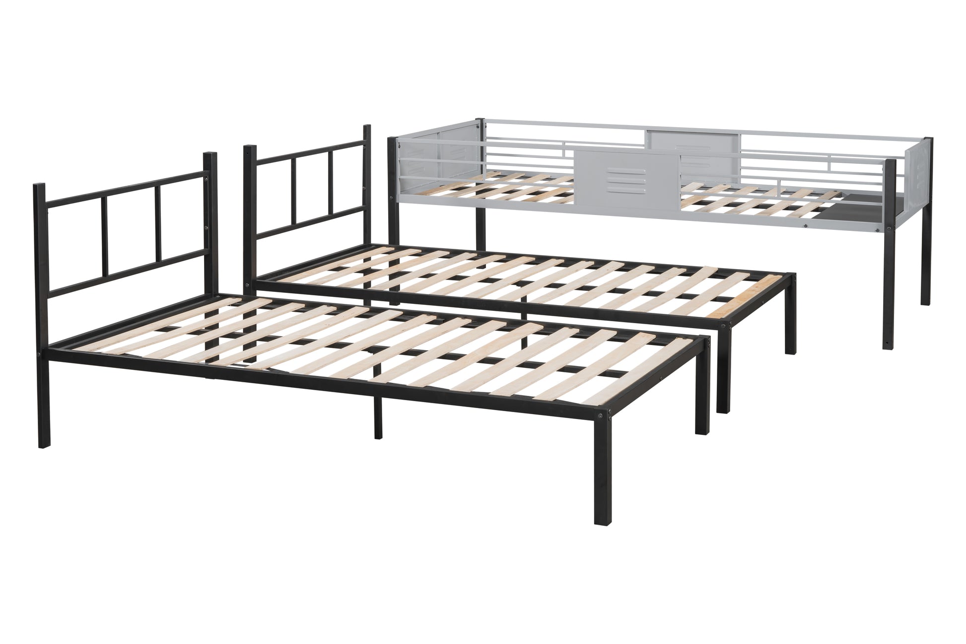 Black metal twin bed frame with wooden slats