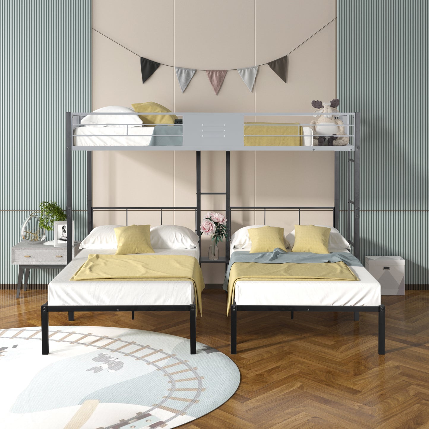 TREATLIFE HOME Triple Bunk Bed with Sturdy Metal Frame and Noise-Free Wood Slats, Easily Converts into Three Separate Beds, Black with Grey