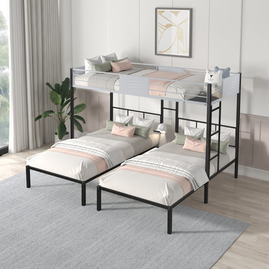 Gray metal twin over twin bunk bed with black frame and white bedding