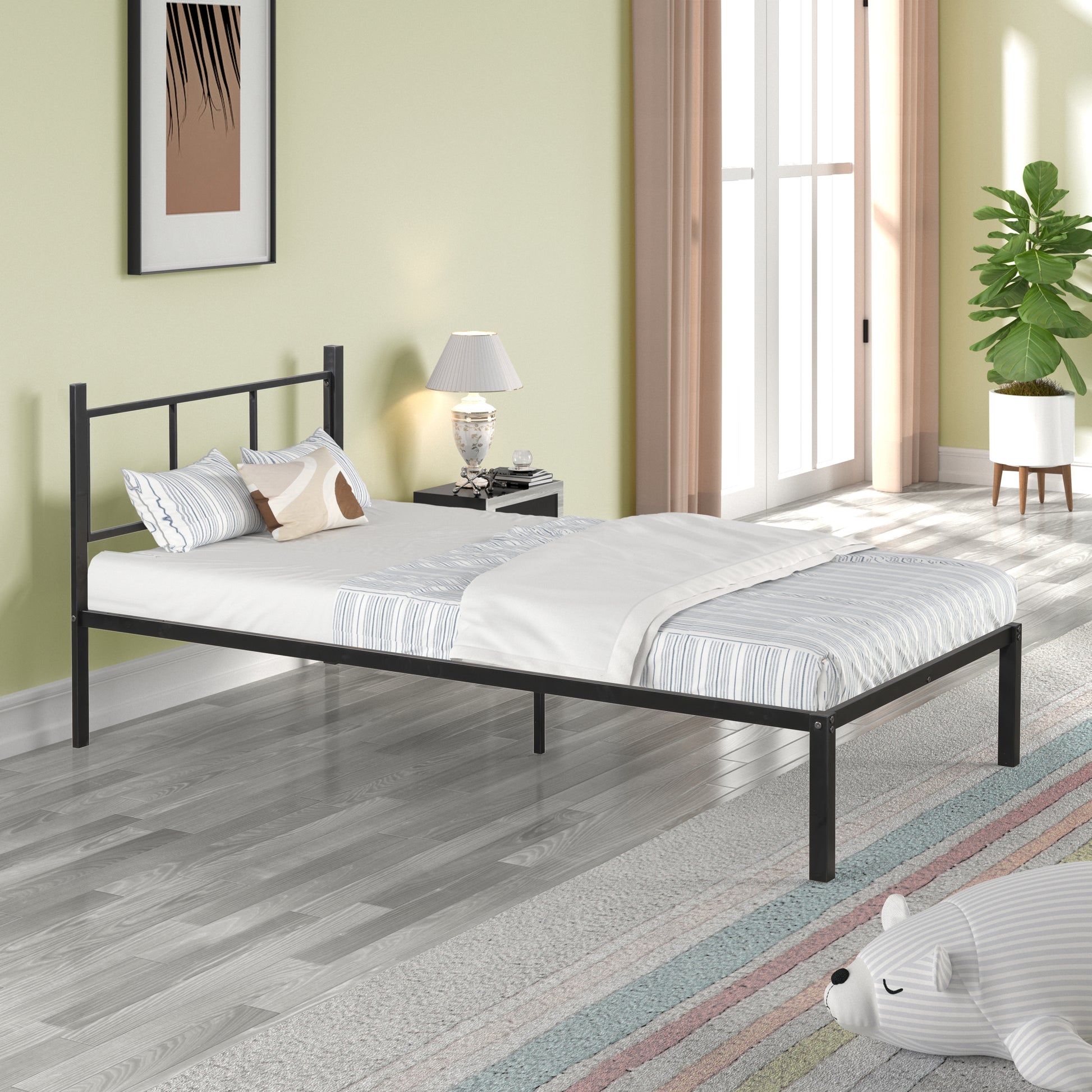 Black metal twin bed frame with minimalist headboard