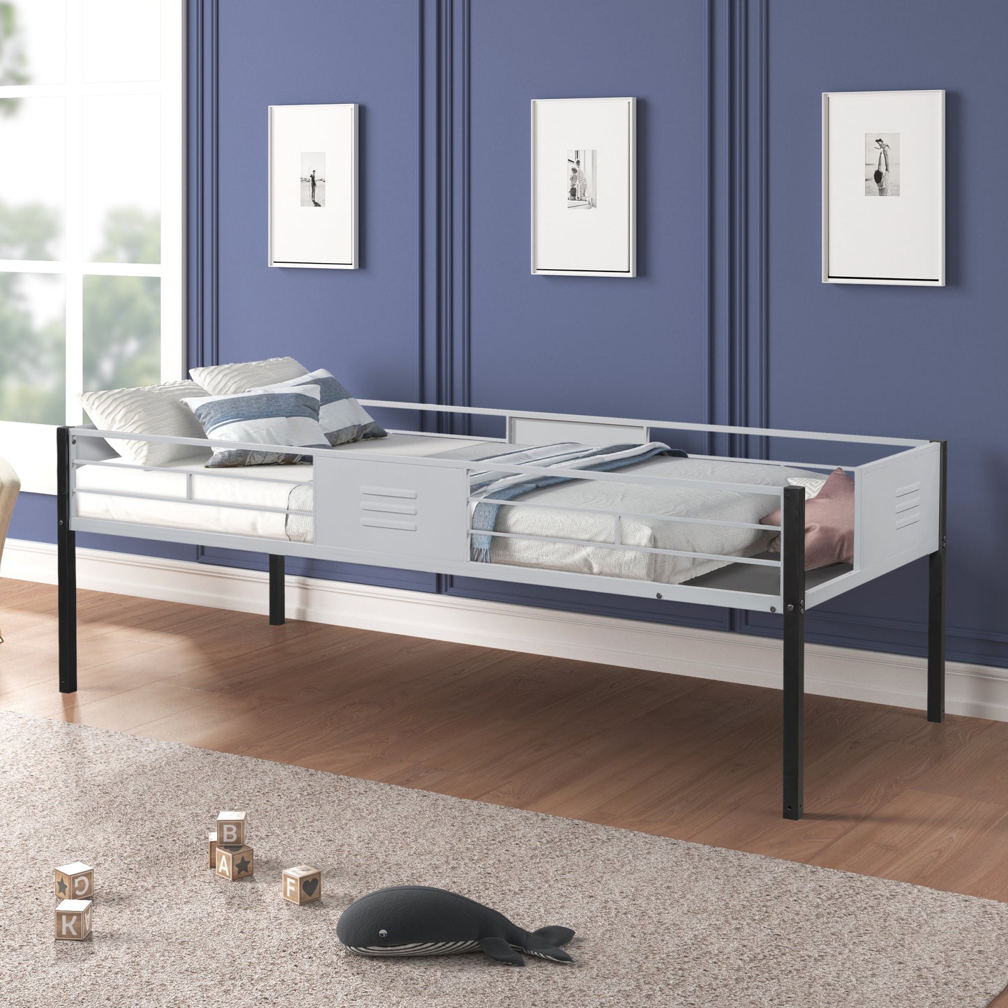 Gray metal twin bed frame with guardrails