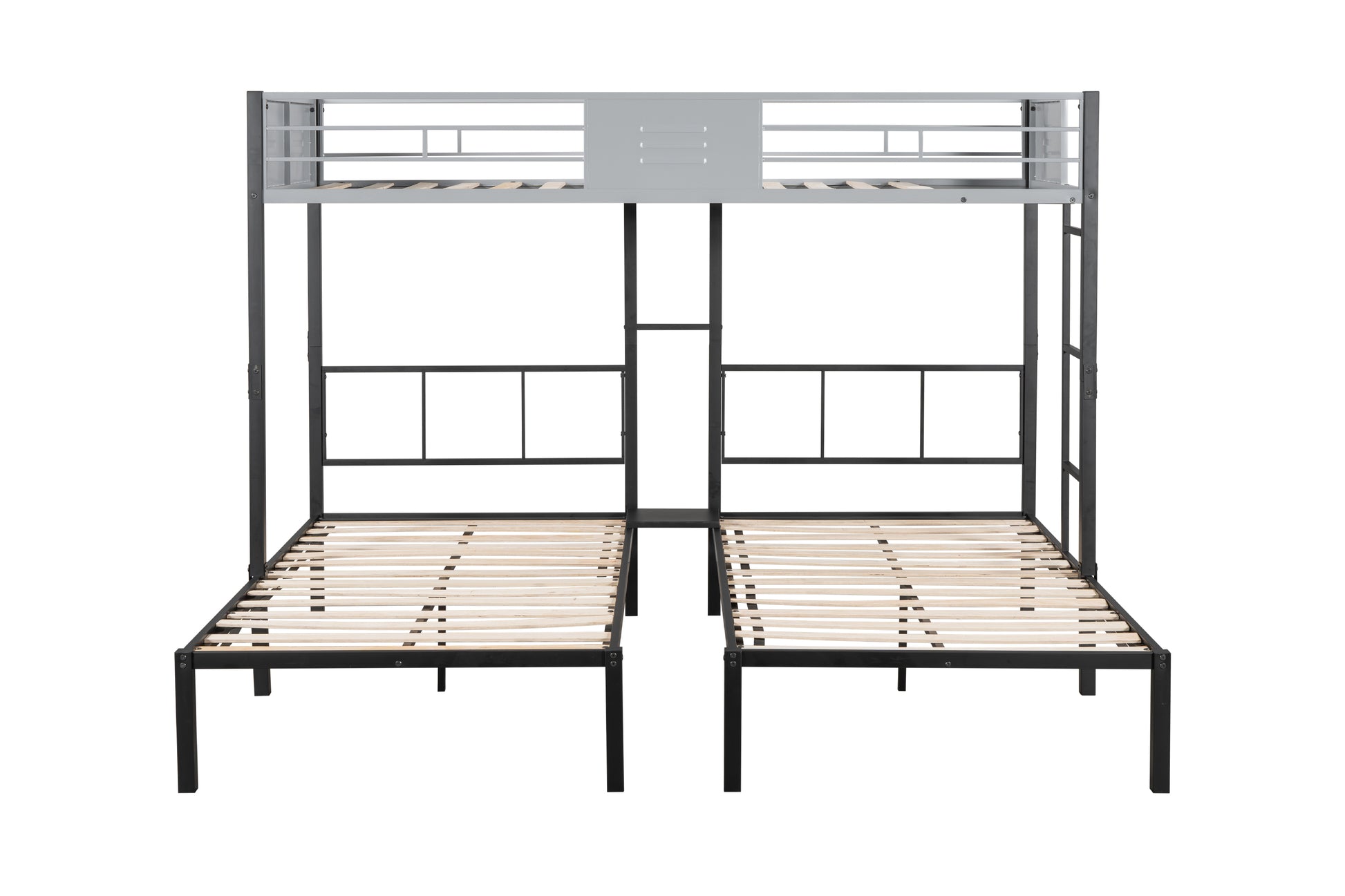Twin over twin triple bunk bed with black metal frame and wooden slats
