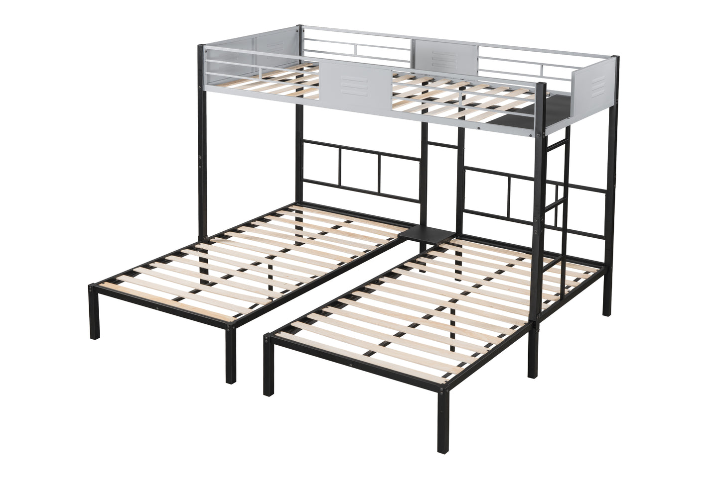 Black metal bunk bed with two pullout twin beds and gray guardrails