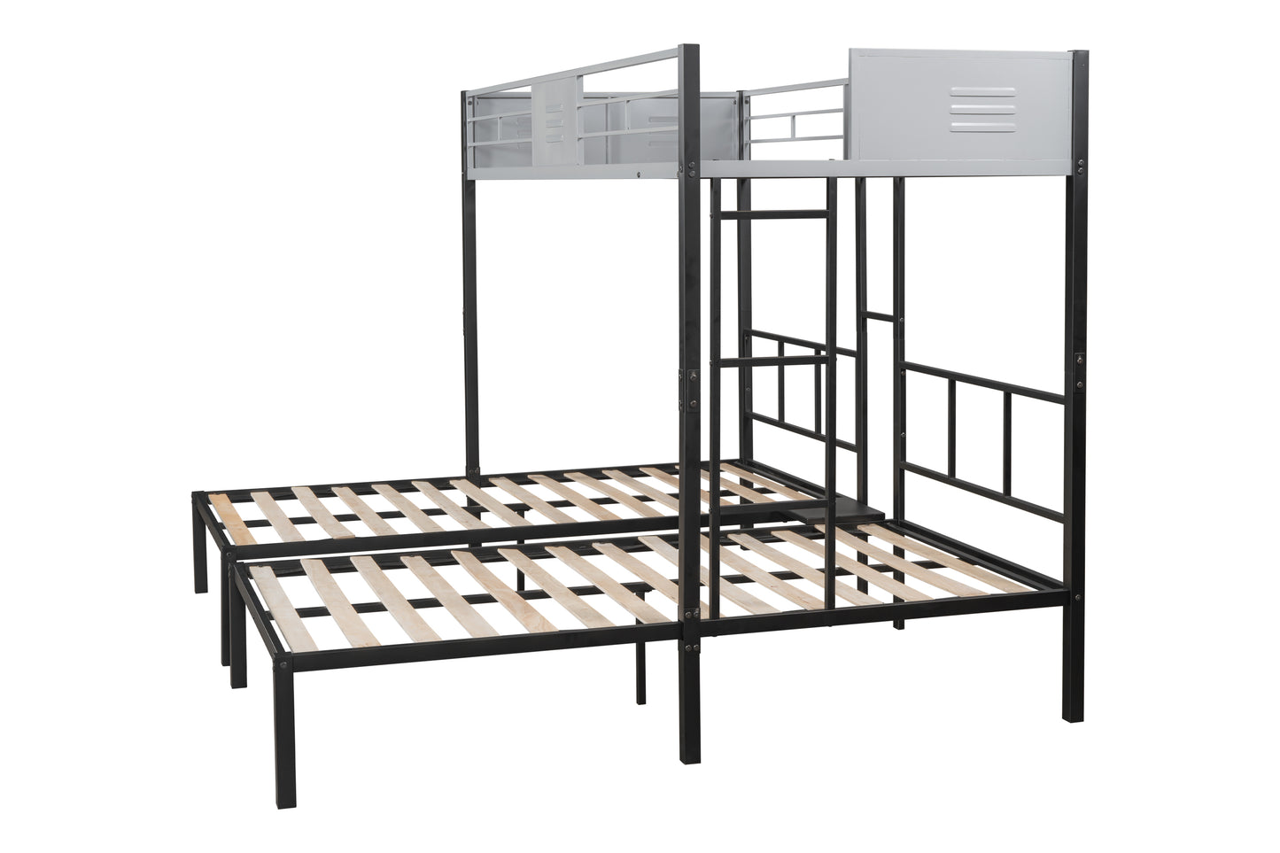 Black metal twin over twin bunk bed with wooden slats