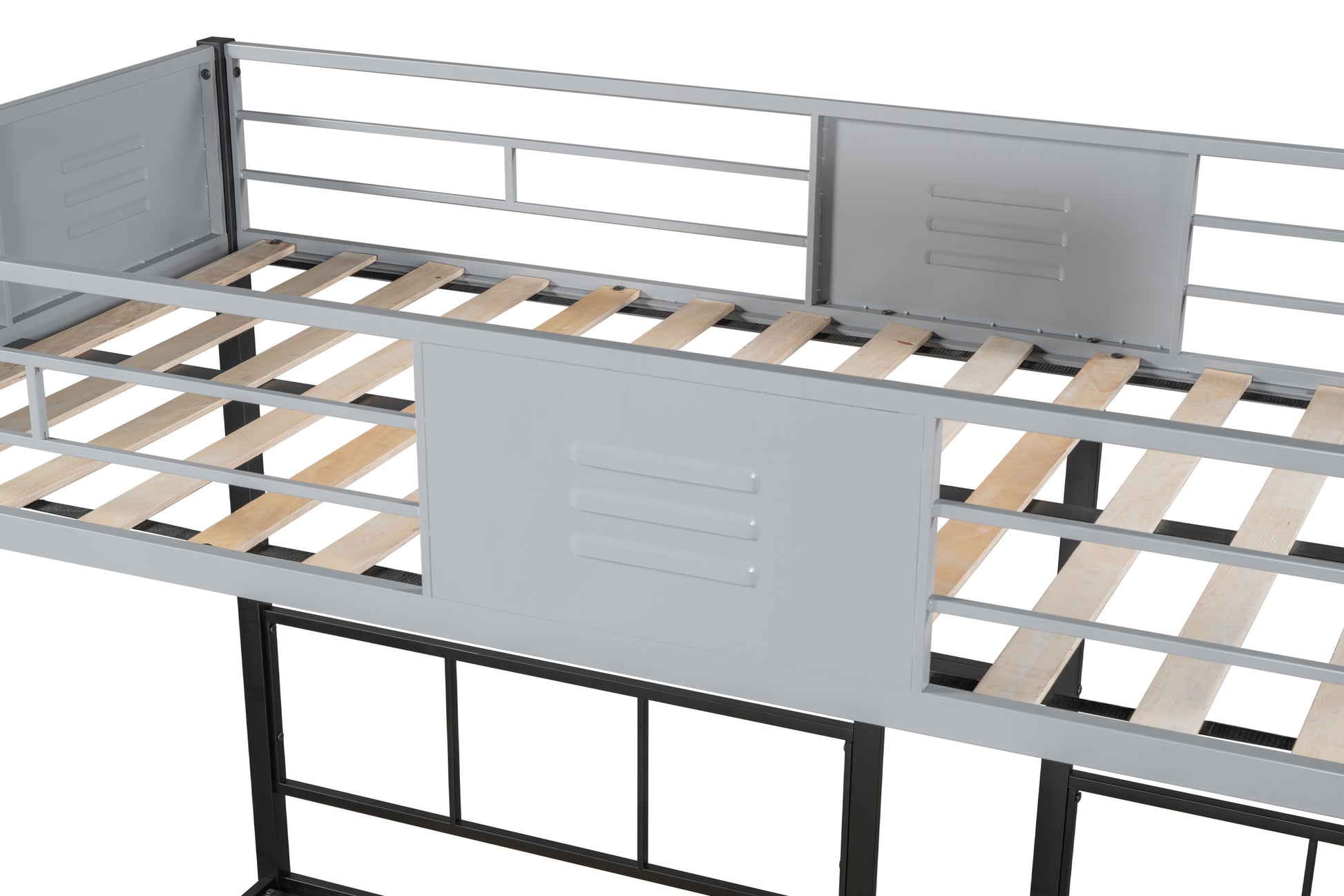 Gray metal twin loft bed frame with wooden slats