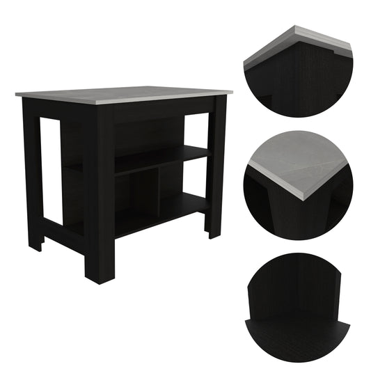 Black and grey marble top kitchen island with open shelving