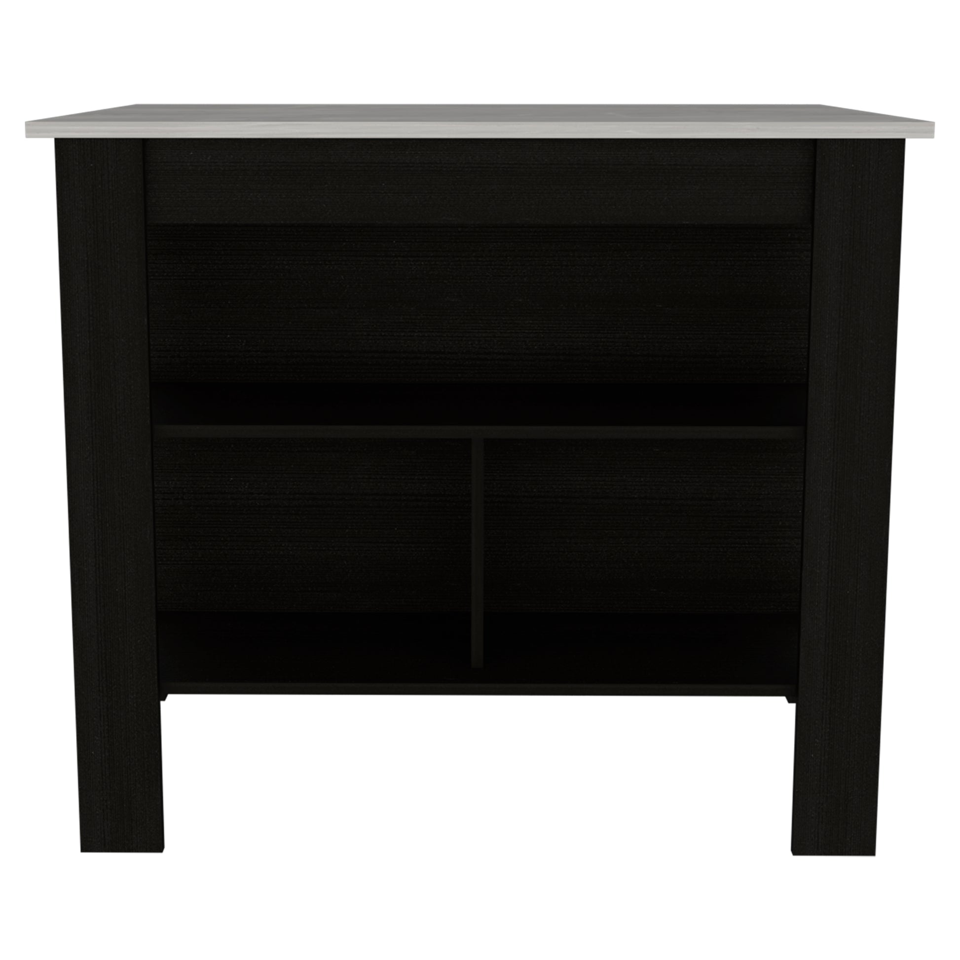 Dark wood grain nightstand with grey marble top and open shelving