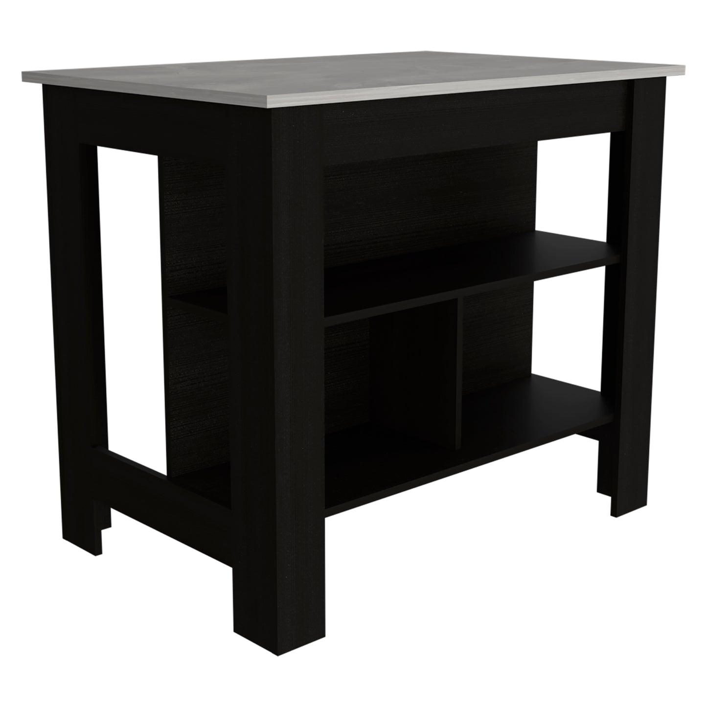 Dark brown wood kitchen island with open shelving and light grey countertop