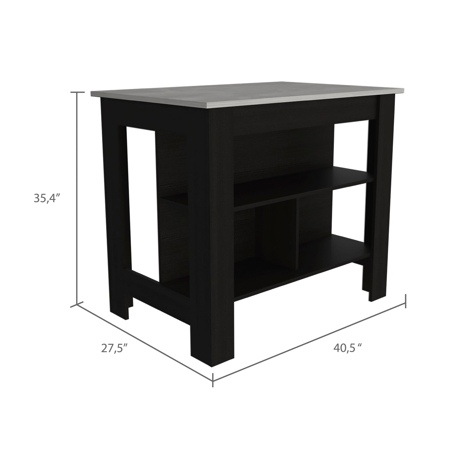Black kitchen island with a grey laminate countertop and open shelving