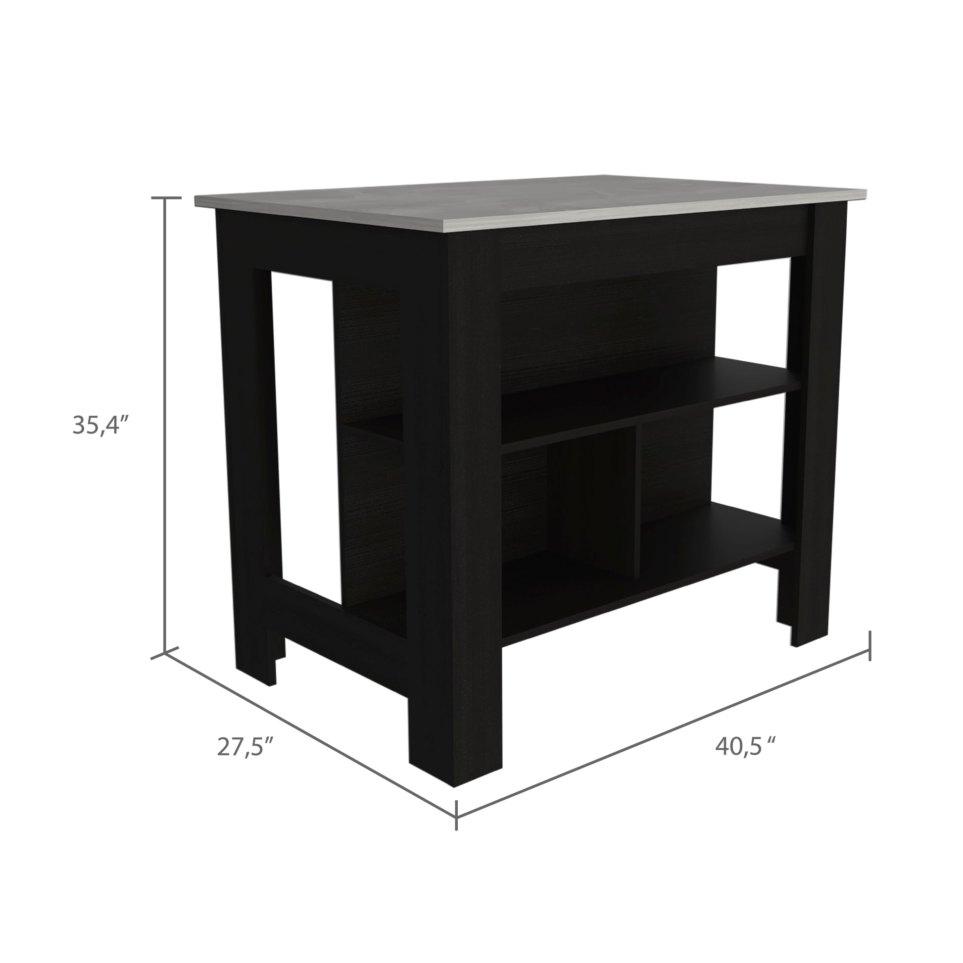 Black kitchen island with a grey laminate countertop and open shelving