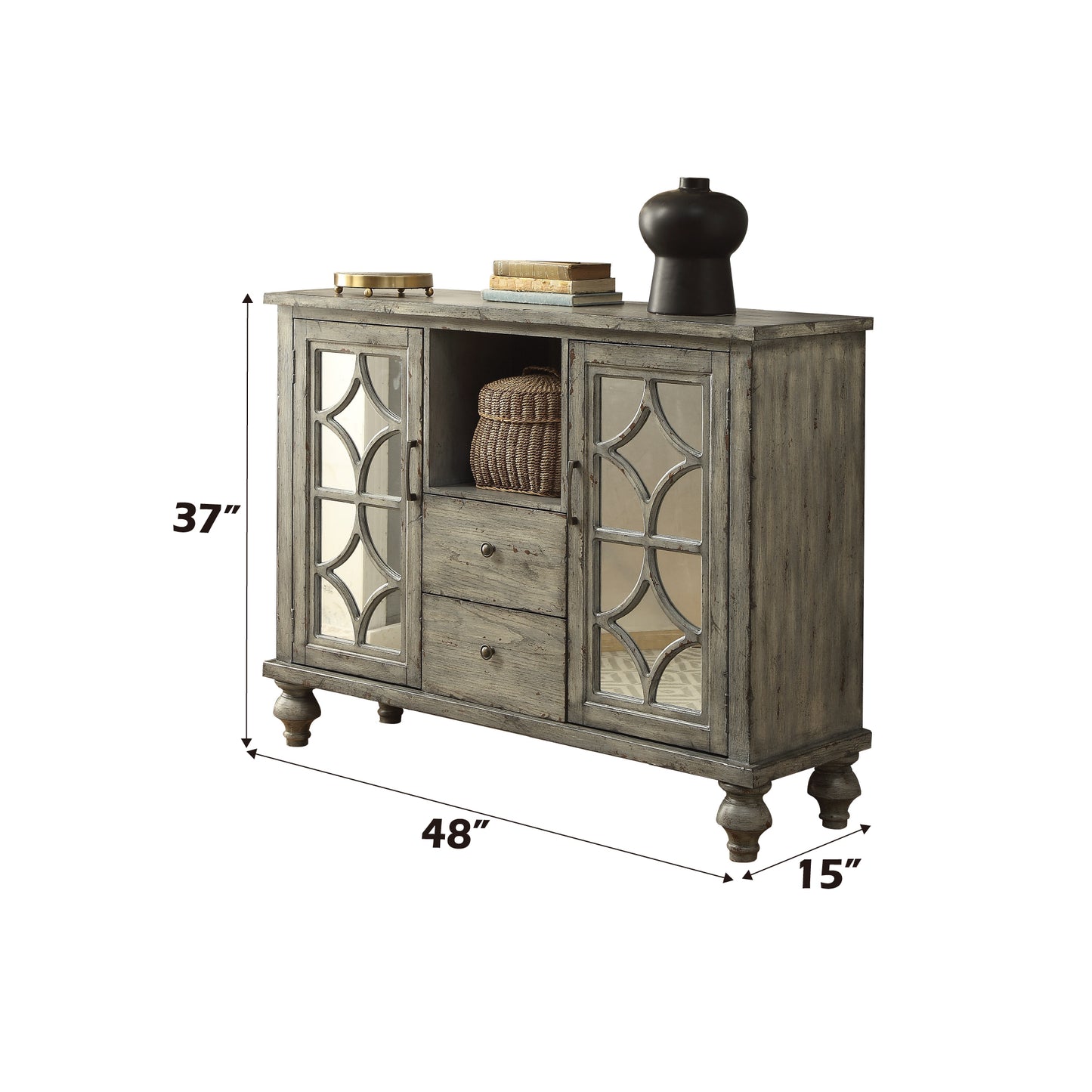 Distressed grey accent cabinet with mirrored geometric doors and two drawers
