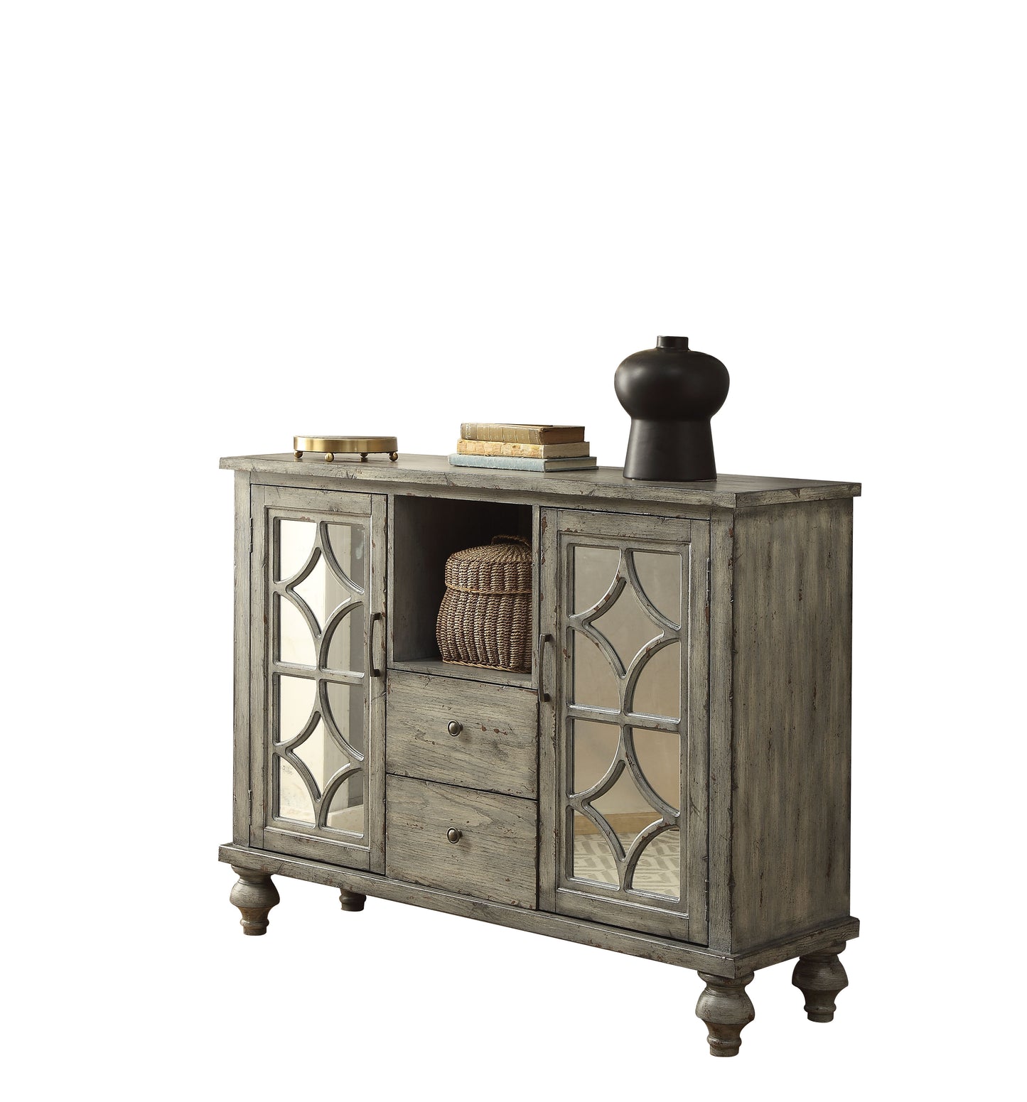 Gray distressed wood buffet with mirrored doors and ornate metal accents
