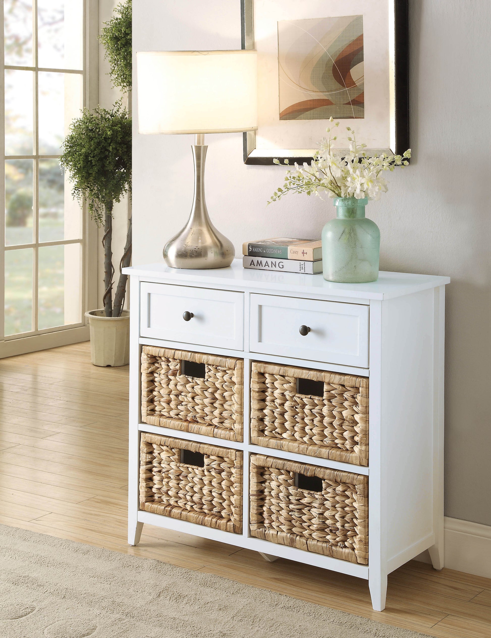 White storage cabinet with four woven baskets and two drawers