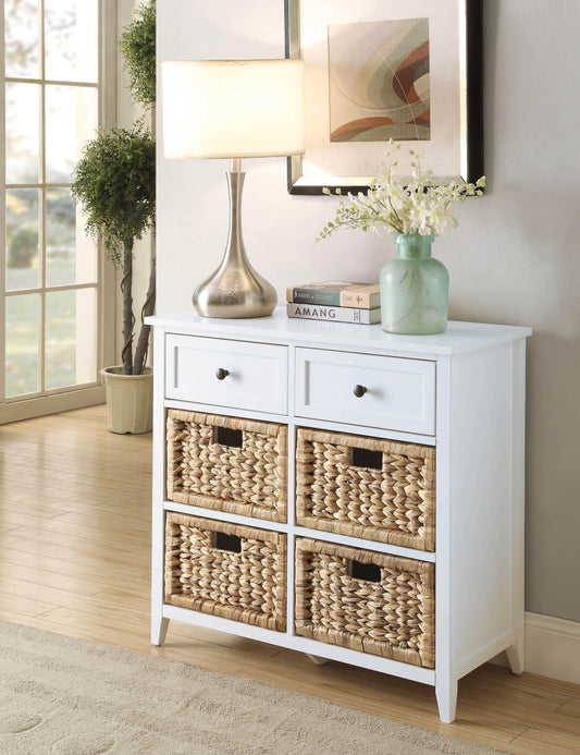 White storage cabinet with four woven baskets and two drawers