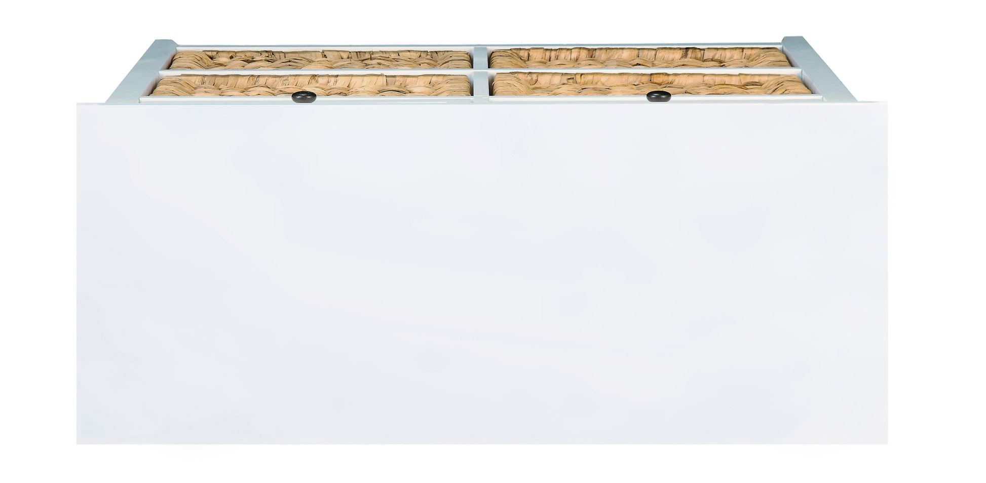 White dresser with four woven seagrass drawers and black knobs