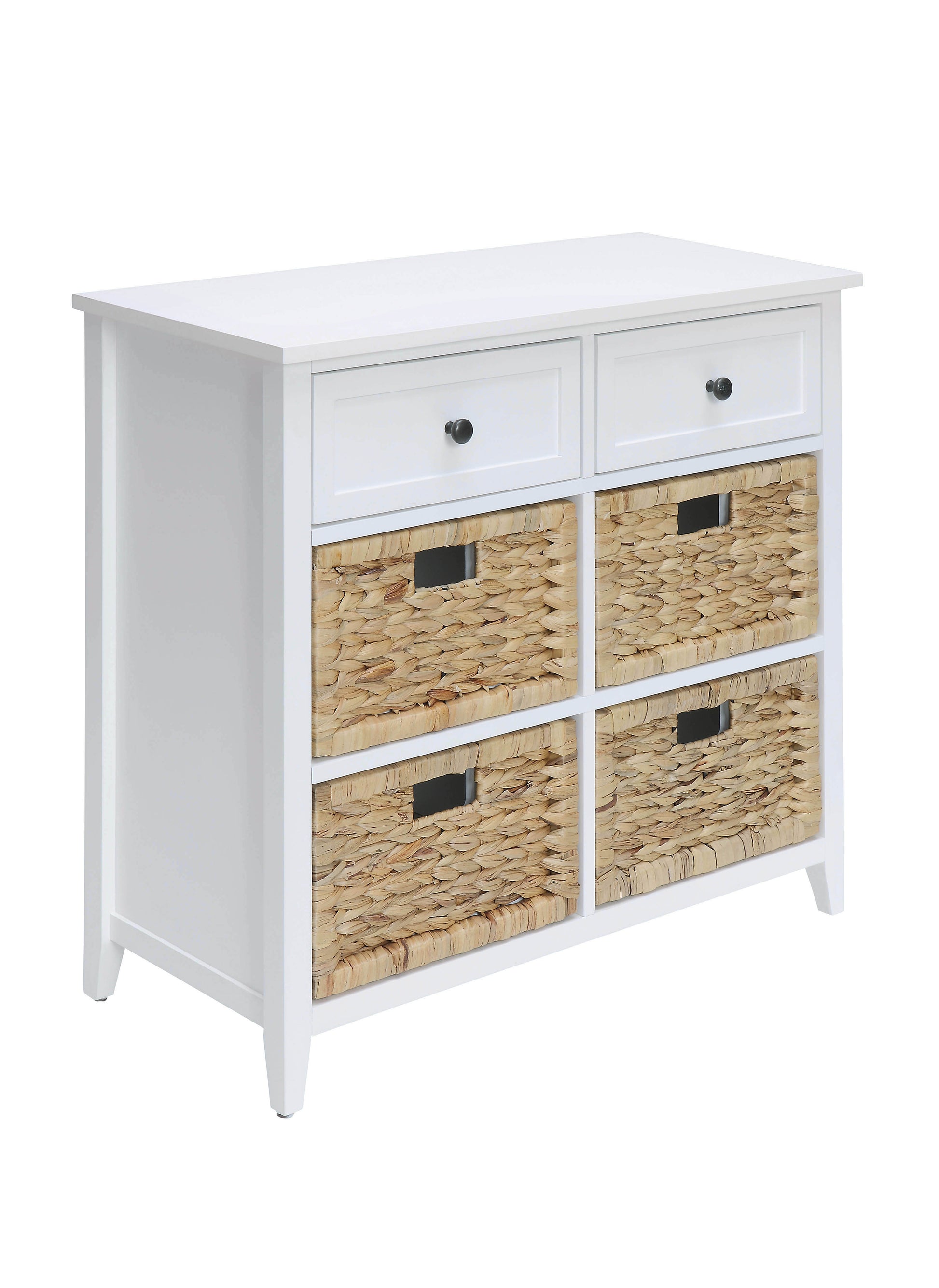 White dresser with two drawers and four woven hyacinth storage baskets
