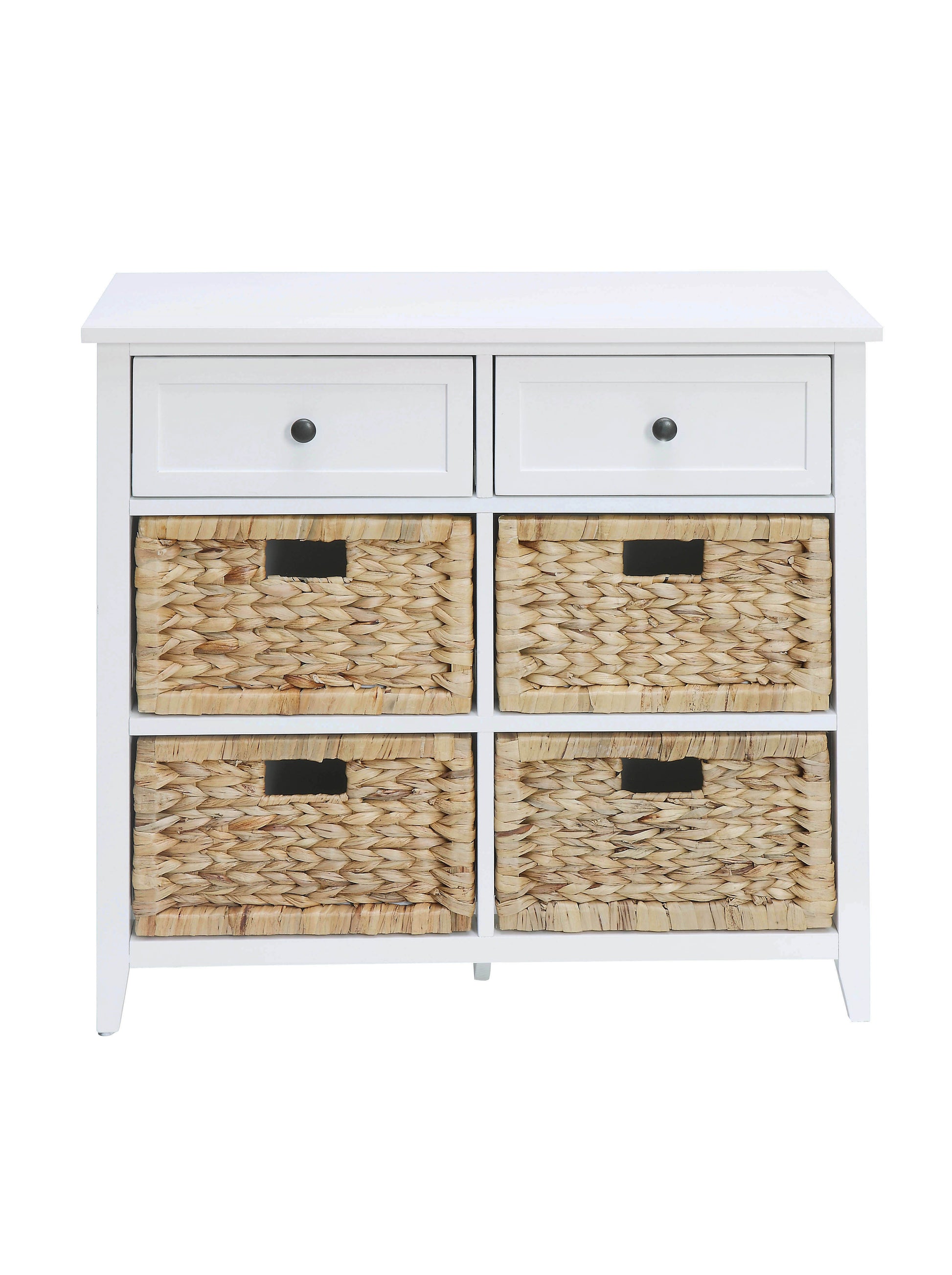 White wood chest with two drawers and four woven baskets