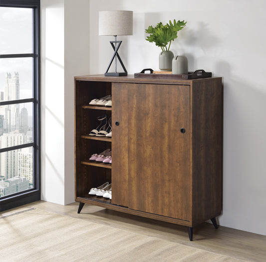 Modern brown wood shoe cabinet with sliding door and open shelves