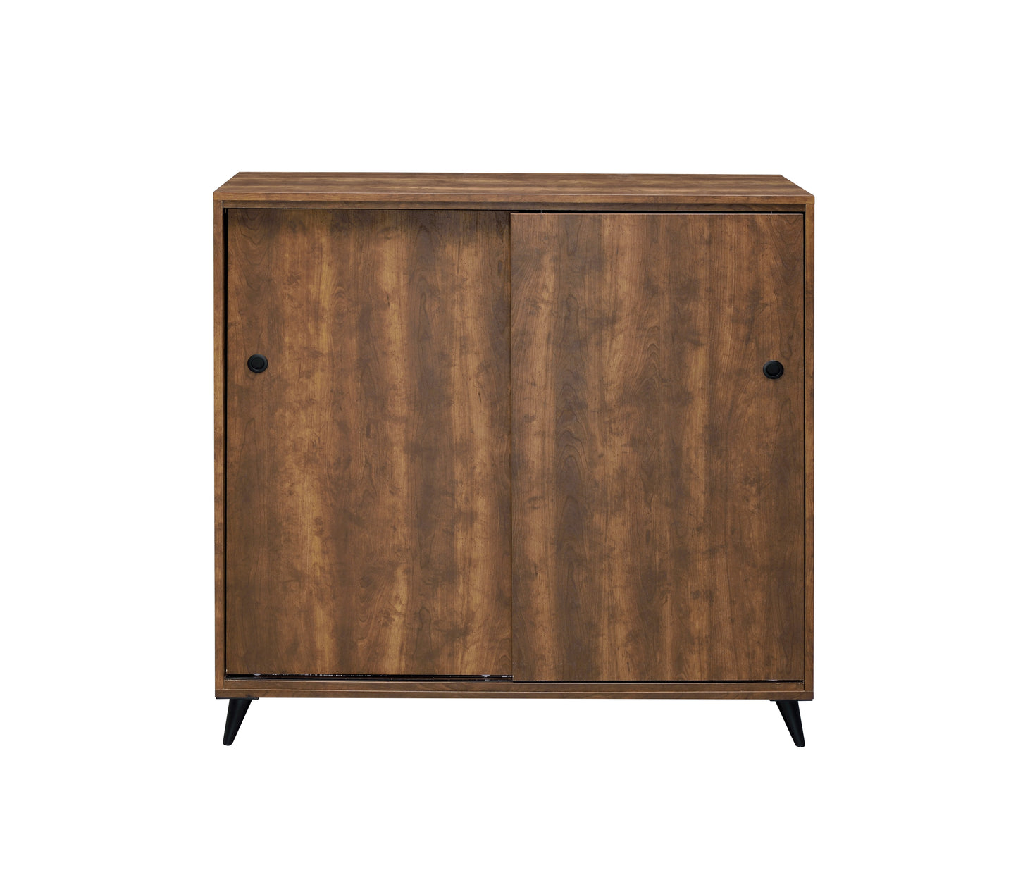 Brown wood cabinet with sliding doors and black handles