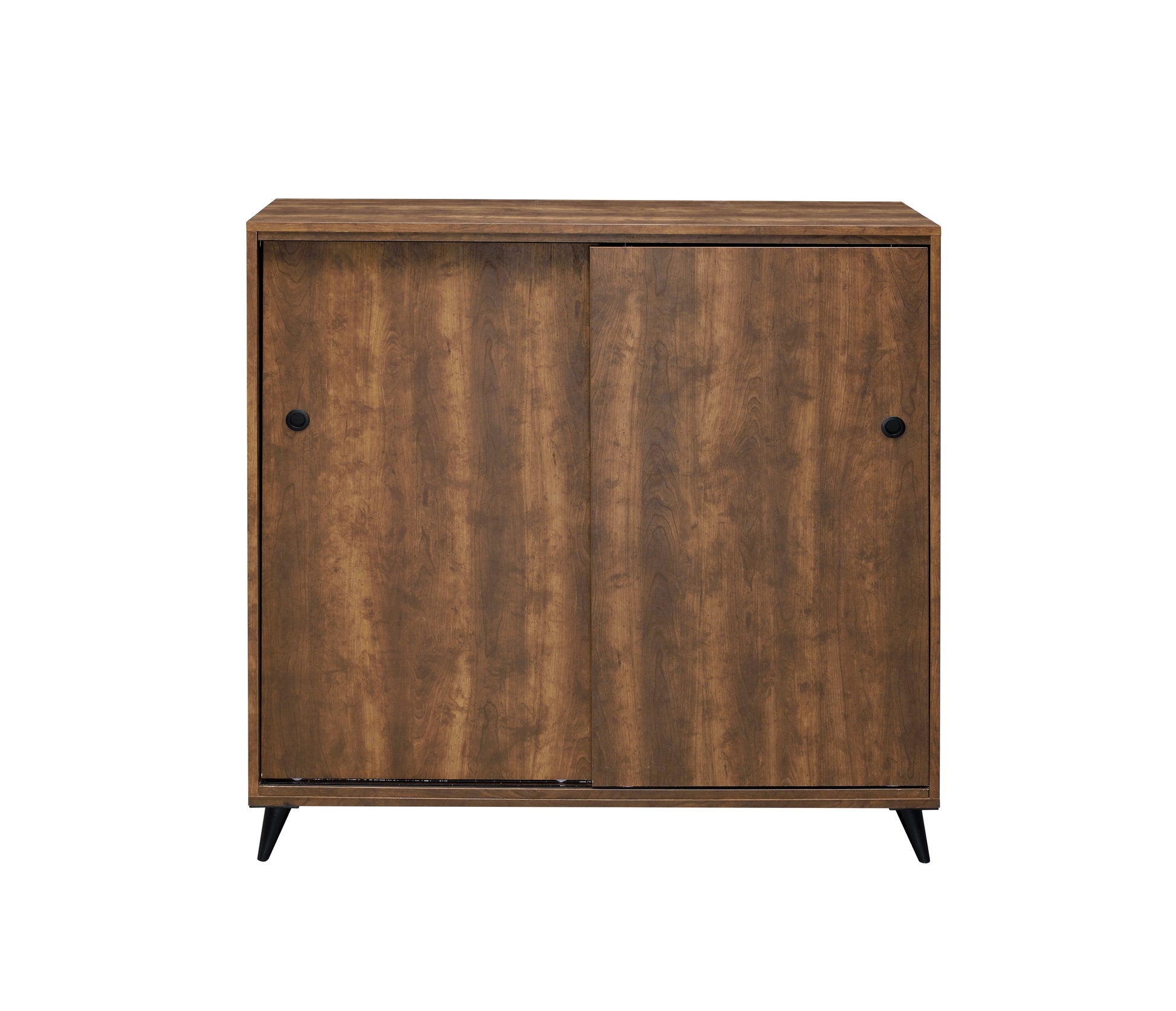 Brown wood cabinet with sliding doors and black handles