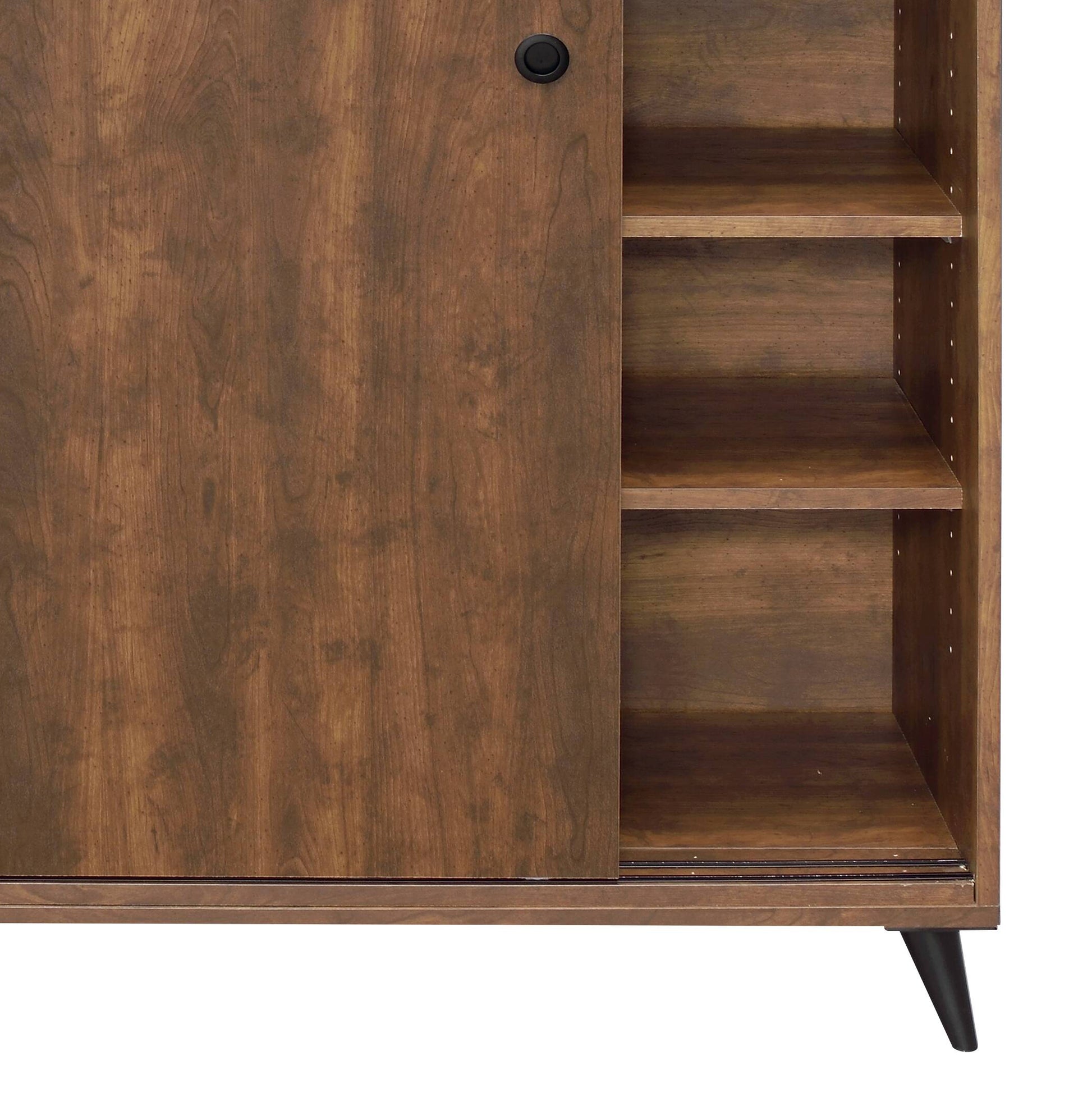 Midcentury modern brown wood cabinet with sliding door and open shelving
