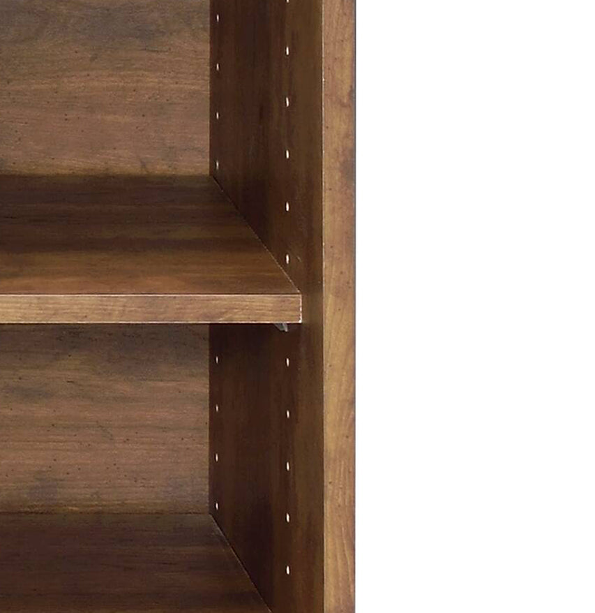 Wooden bookshelf detail with dark brown finish