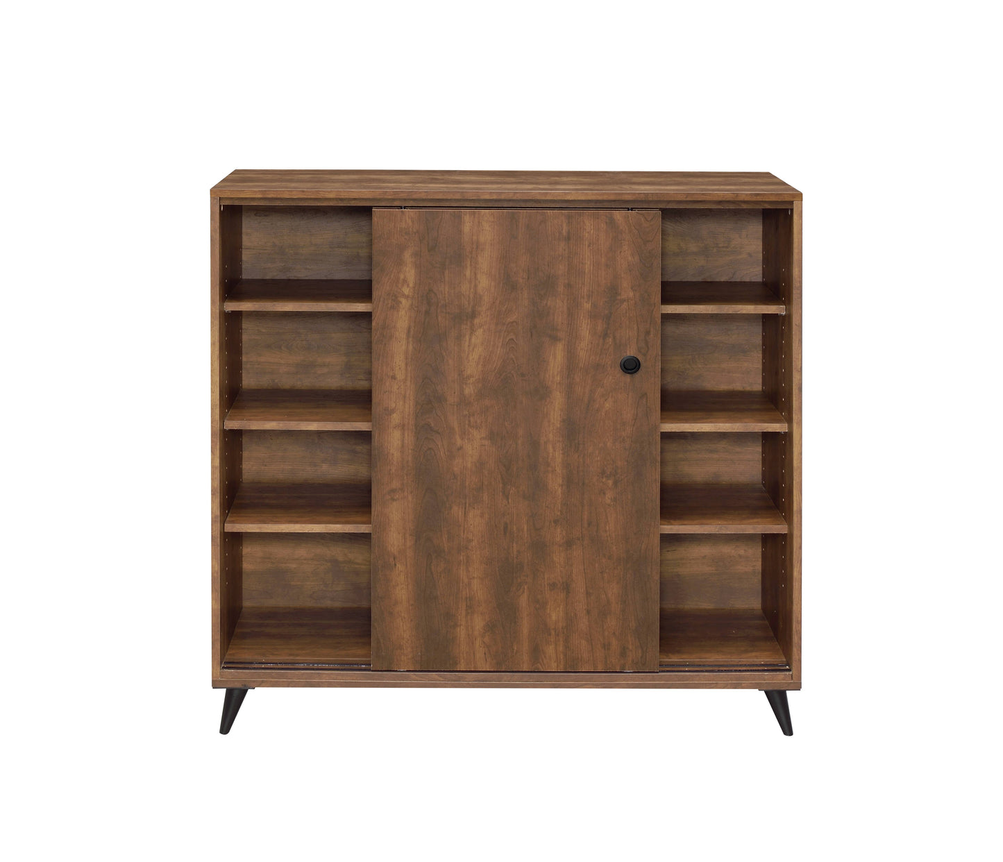 Wooden media console with sliding door and open shelving